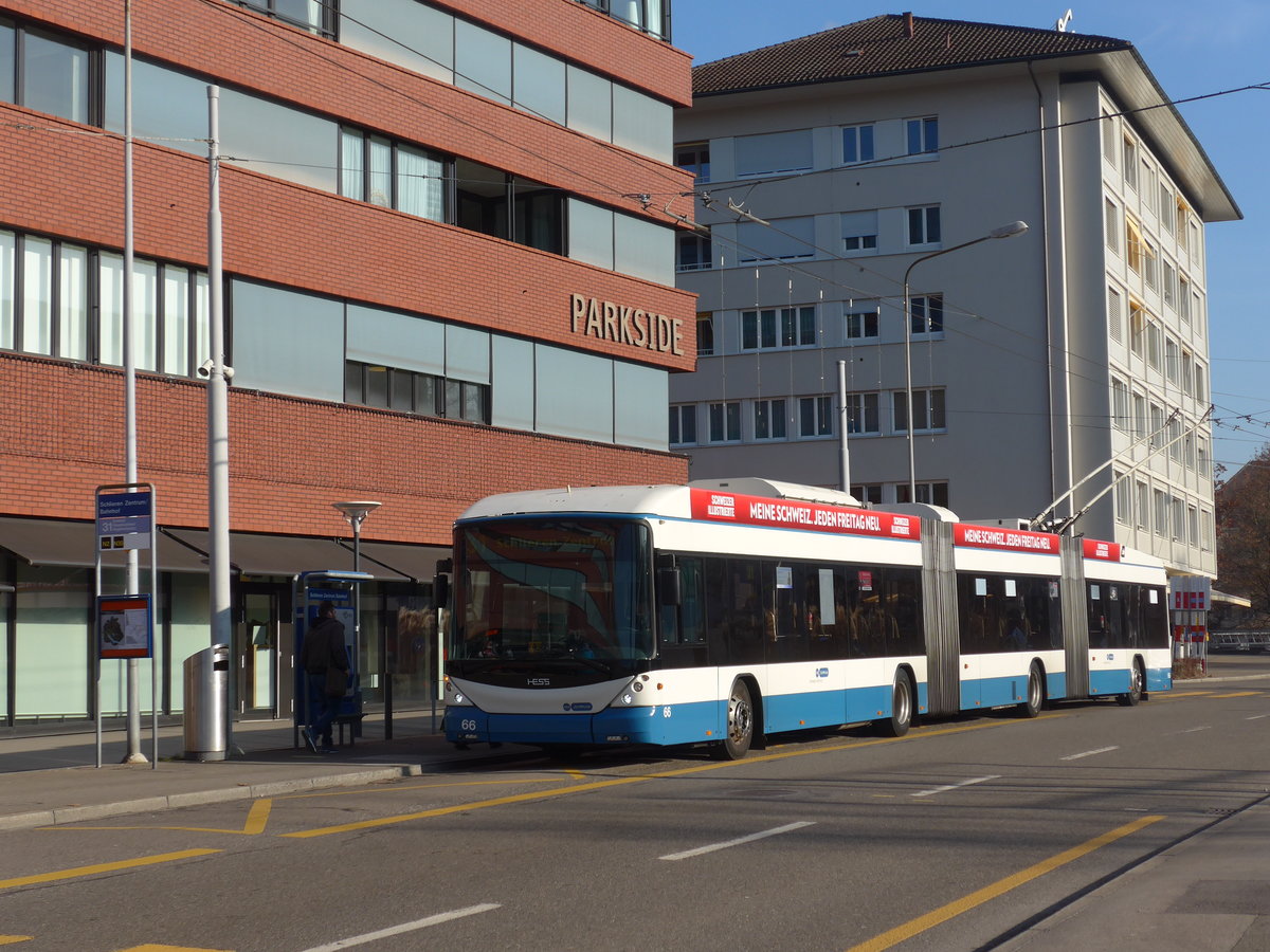 (176'929) - VBZ Z�rich - Nr. 66 - Hess/Hess Doppelgelenktrolleybus am 6. Dezember 2016 in Schlieren, Zentrum/Bahnhof