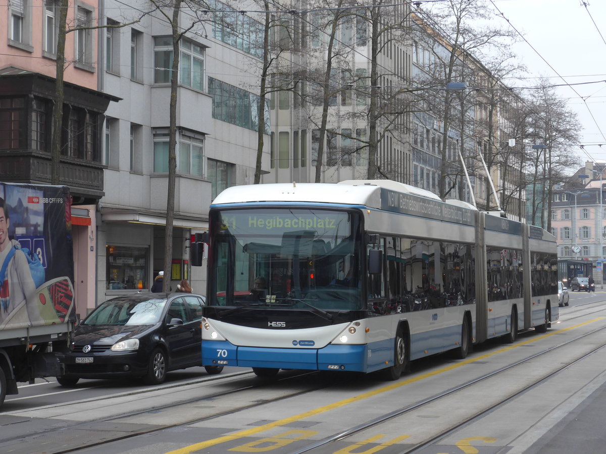(178'484) - VBZ Z�rich - Nr. 70 - Hess/Hess Doppelgelenktrolleybus am 10. Februar 2017 in Z�rich, L�wenstrasse