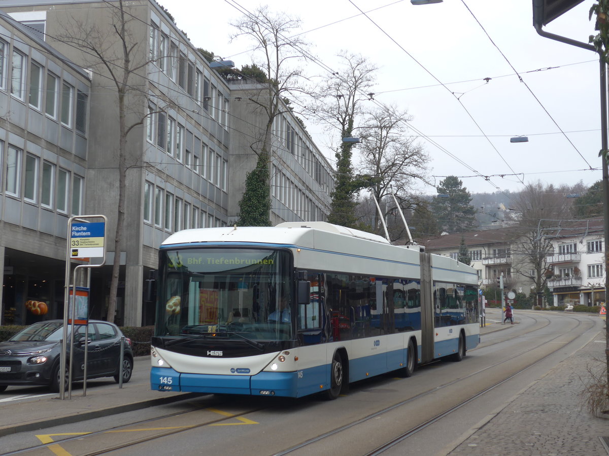 (178'493) - VBZ Z�rich - Nr. 145 - Hess/Hess Gelenktrolleybus am 10. Feburar 2017 in Z�rich, Kirche Fluntern