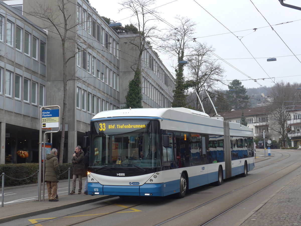 (178'495) - VBZ Z�rich - Nr. 173 - Hess/Hess Gelenktrolleybus am 10. Februar 2017 in Z�rich, Kirche Fluntern