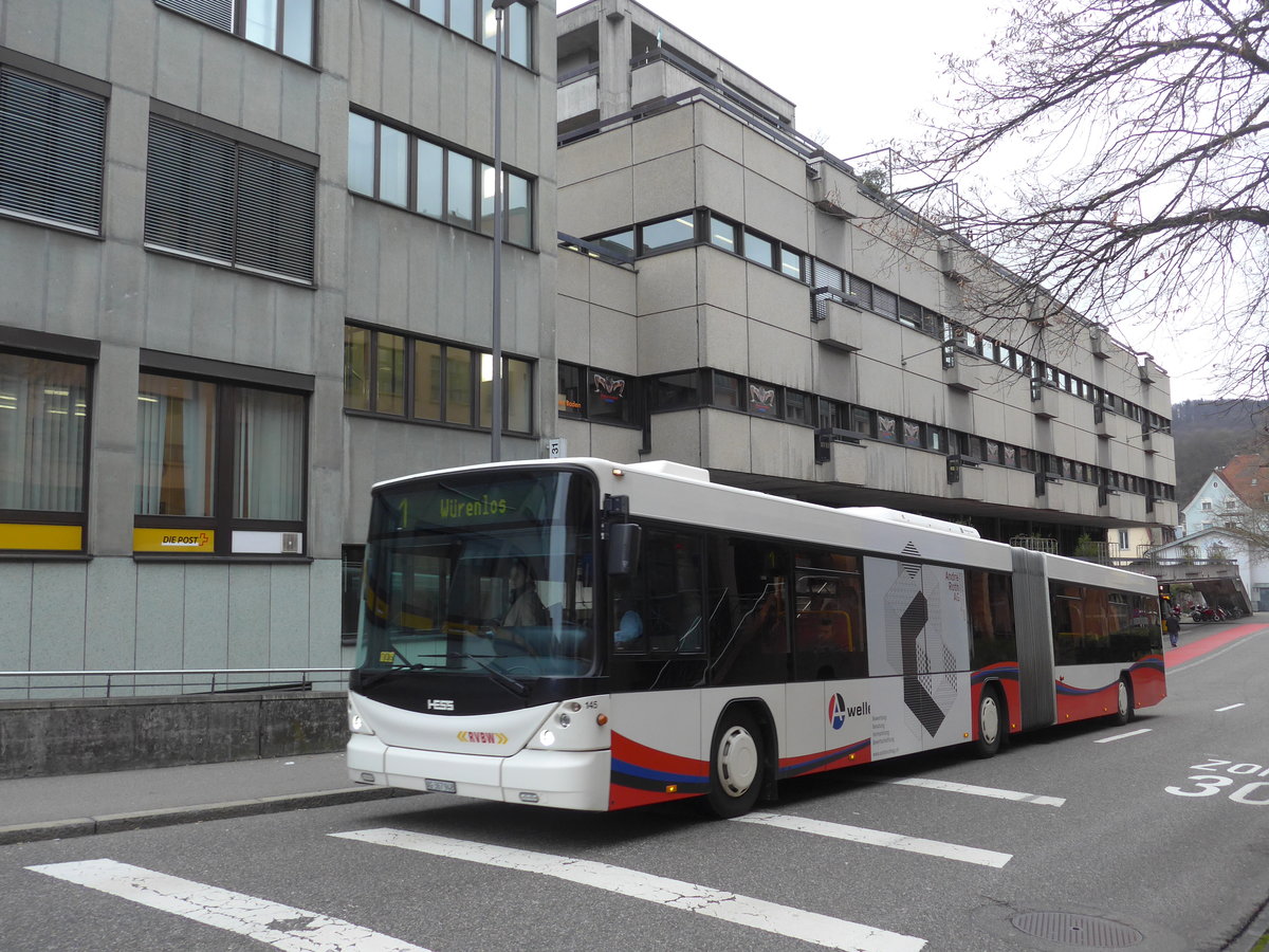 (179'003) - RVBW Wettingen - Nr. 145/AG 367'948 - Scania/Hess am 20. M�rz 2017 beim Bahnhof Baden