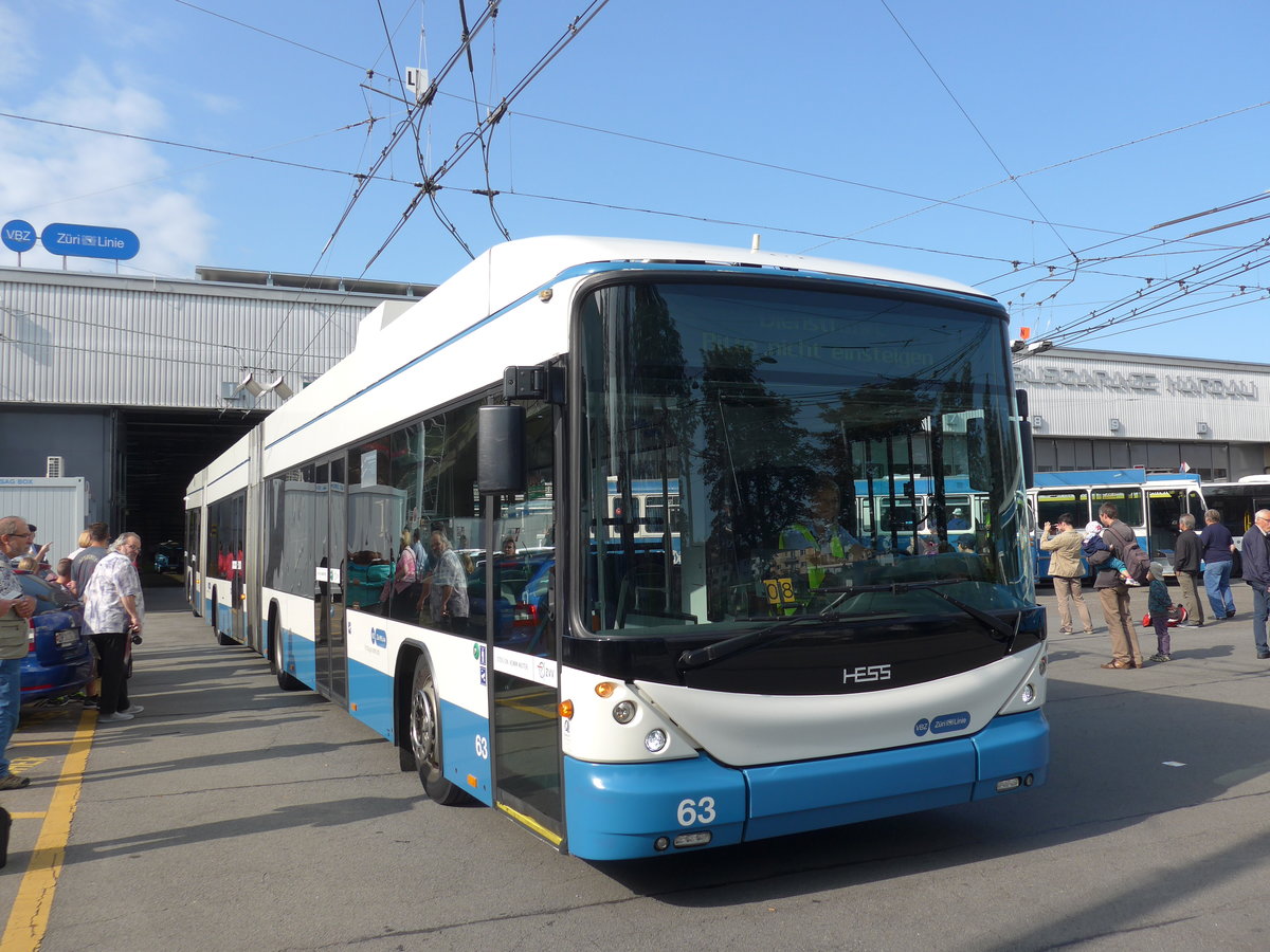 (183'684) - VBZ Z�rich - Nr. 63 - Hess/Hess Doppelgelenktrolleybus am 20. August 2017 in Z�rich, Garage Hardau