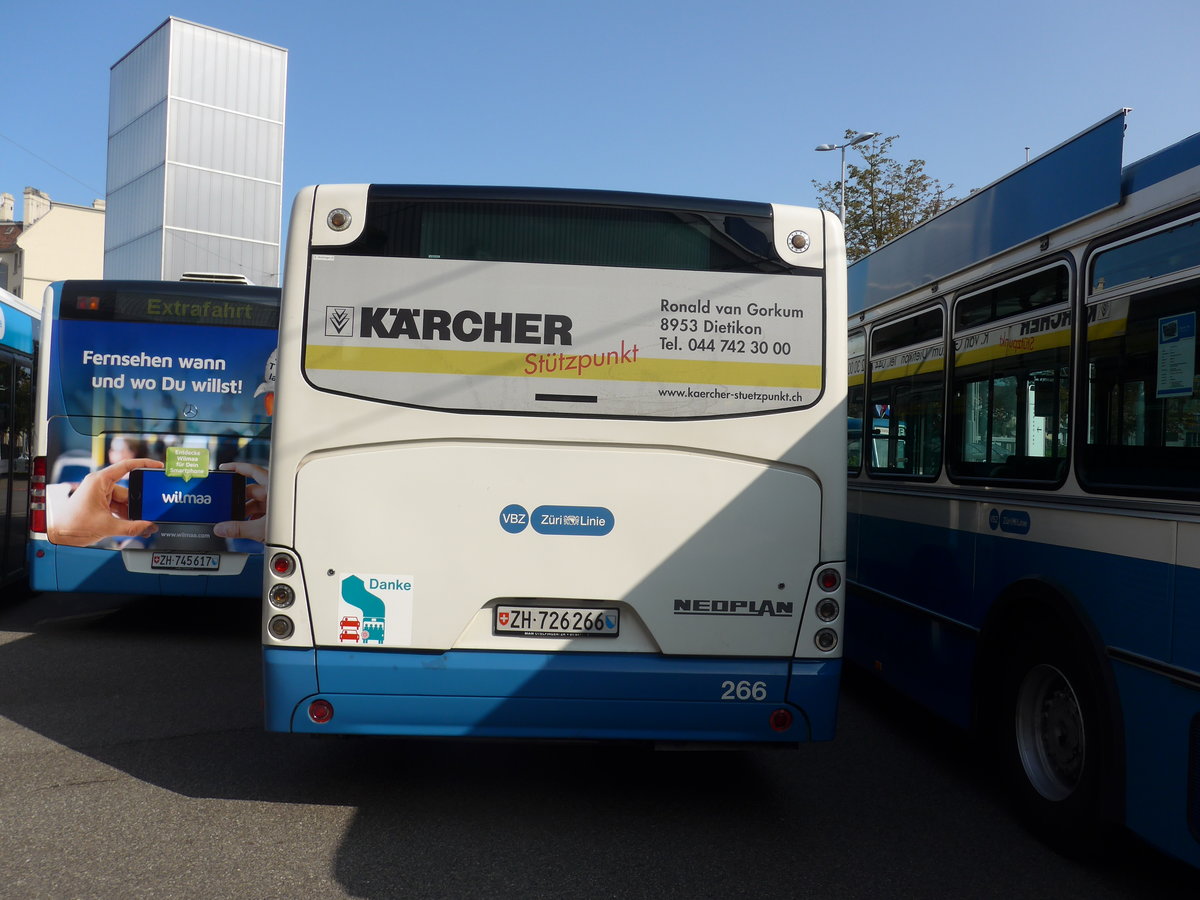 (183'700) - VBZ Z�rich - Nr. 266/ZH 726'266 - Neoplan am 20. August 2017 in Z�rich, Garage Hardau
