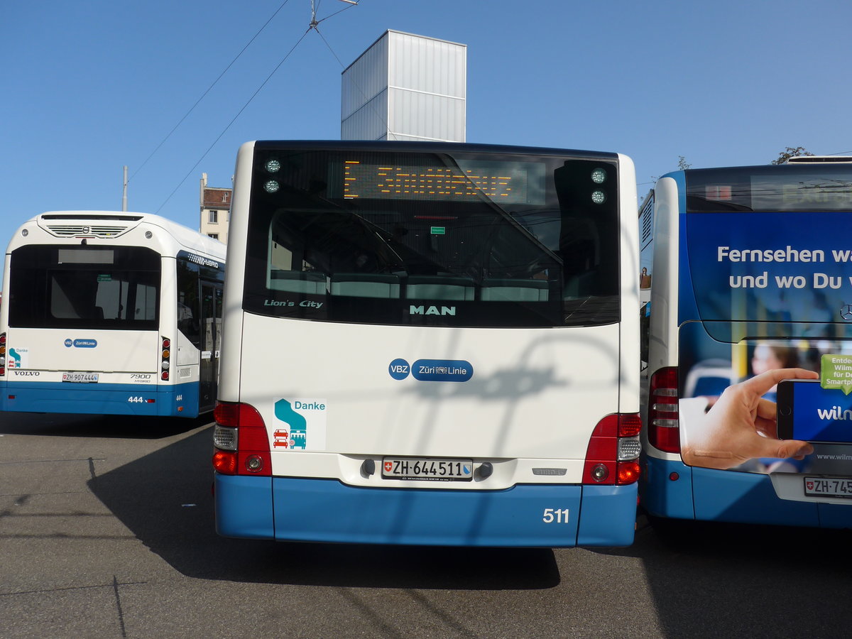 (183'702) - VBZ Z�rich - Nr. 511/ZH 644'511 - MAN am 20. August 2017 in Z�rich, Garage Hardau