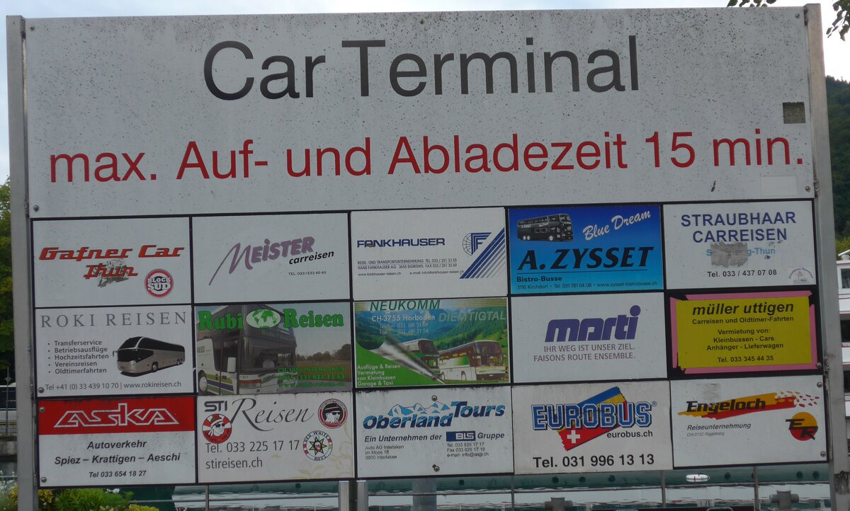 (184'703) - Plakat f�r Gafner Car Thun, Meister Carreisen, Fankhauser, A. Zysset, Straubhaar Carreisen, Roki Reisen, Rubi Reisen, Neukomm, Marti, M�ller Uttigen, ASKA, STI Reisen, Oberland Tours, Eurobus und Engeloch am 10. September 2017 in Thun, CarTerminal