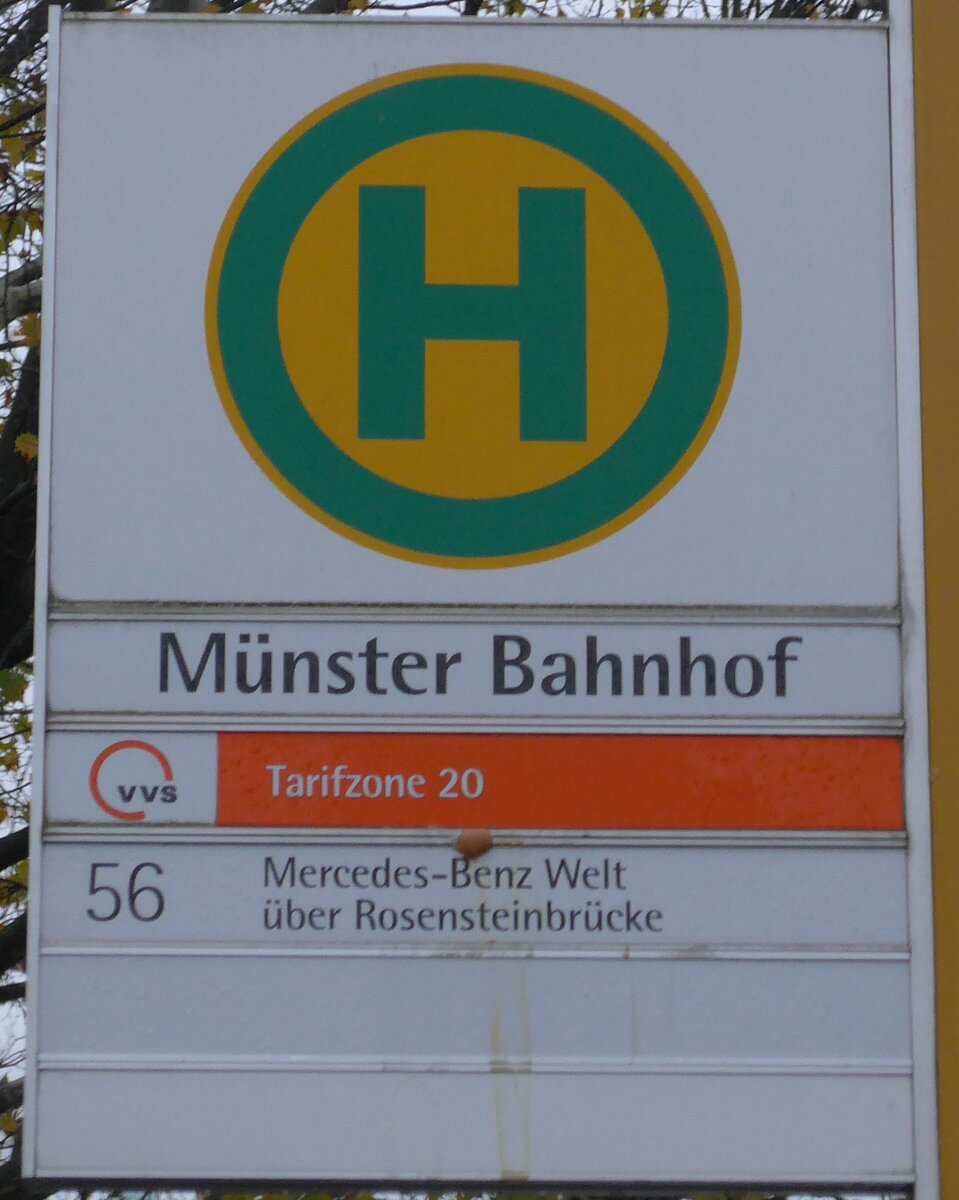 (186'506) - SSB/VVS-Haltestellenschild - Stuttgart, M�nster Bahnhof - am 12. November 2017