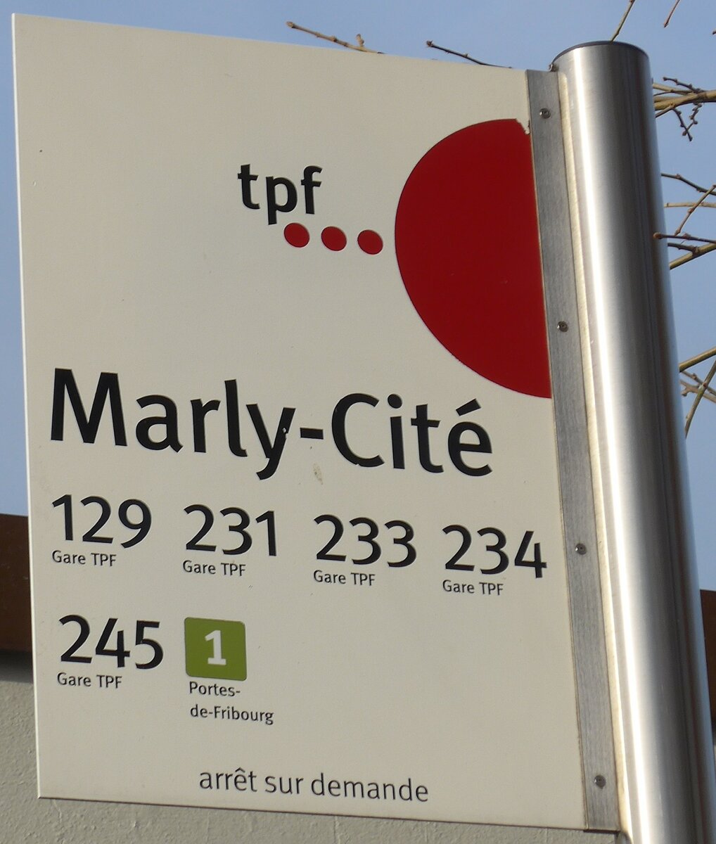 (186'689) - tpf-Haltestellenschild - Marly, Marly-Cit� - am 27. November 2017