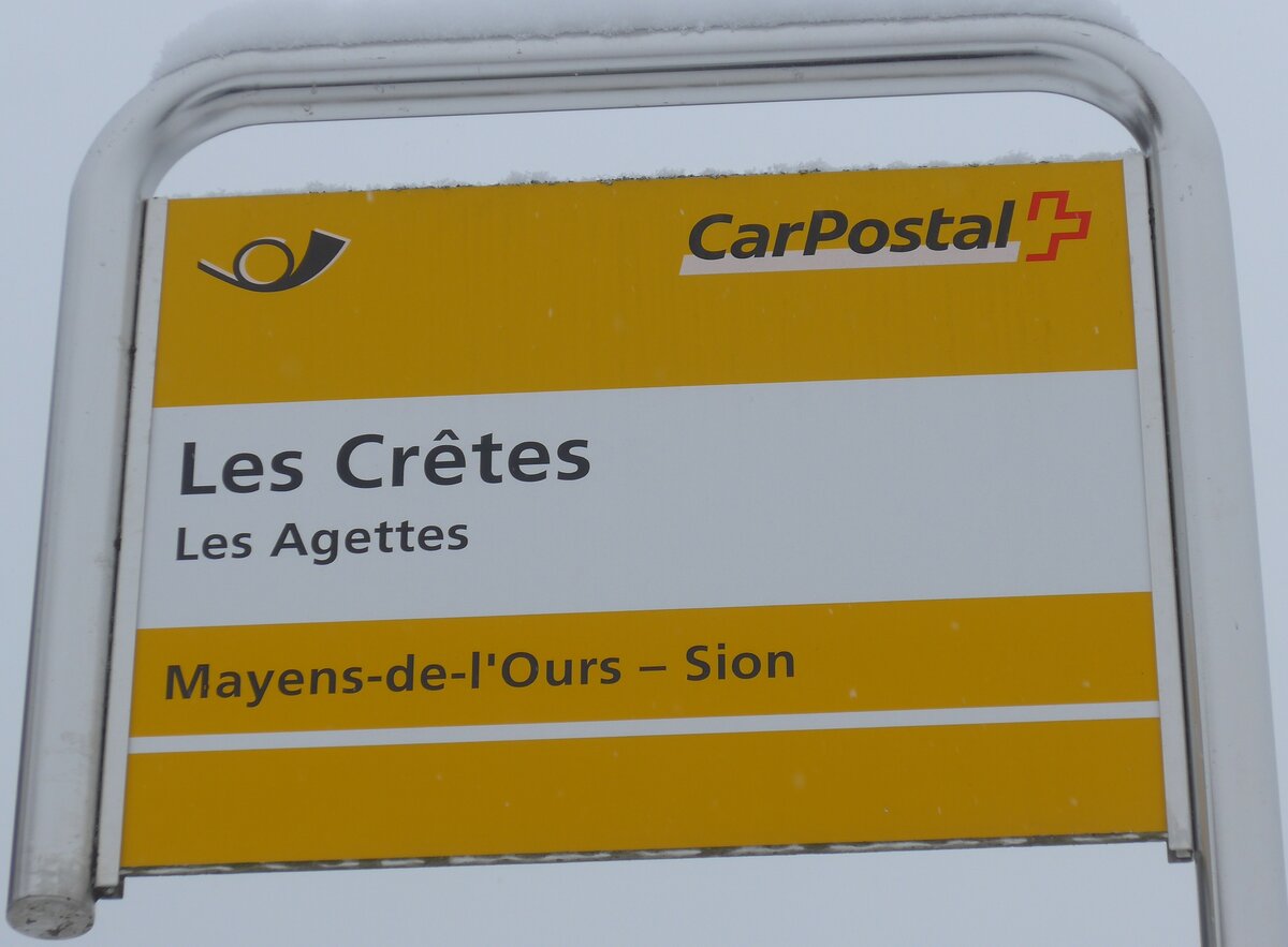 (188'394) - PostAuto-Haltestellenschild - Les Agettes, Les Cr�tes - am 11. Februar 2018