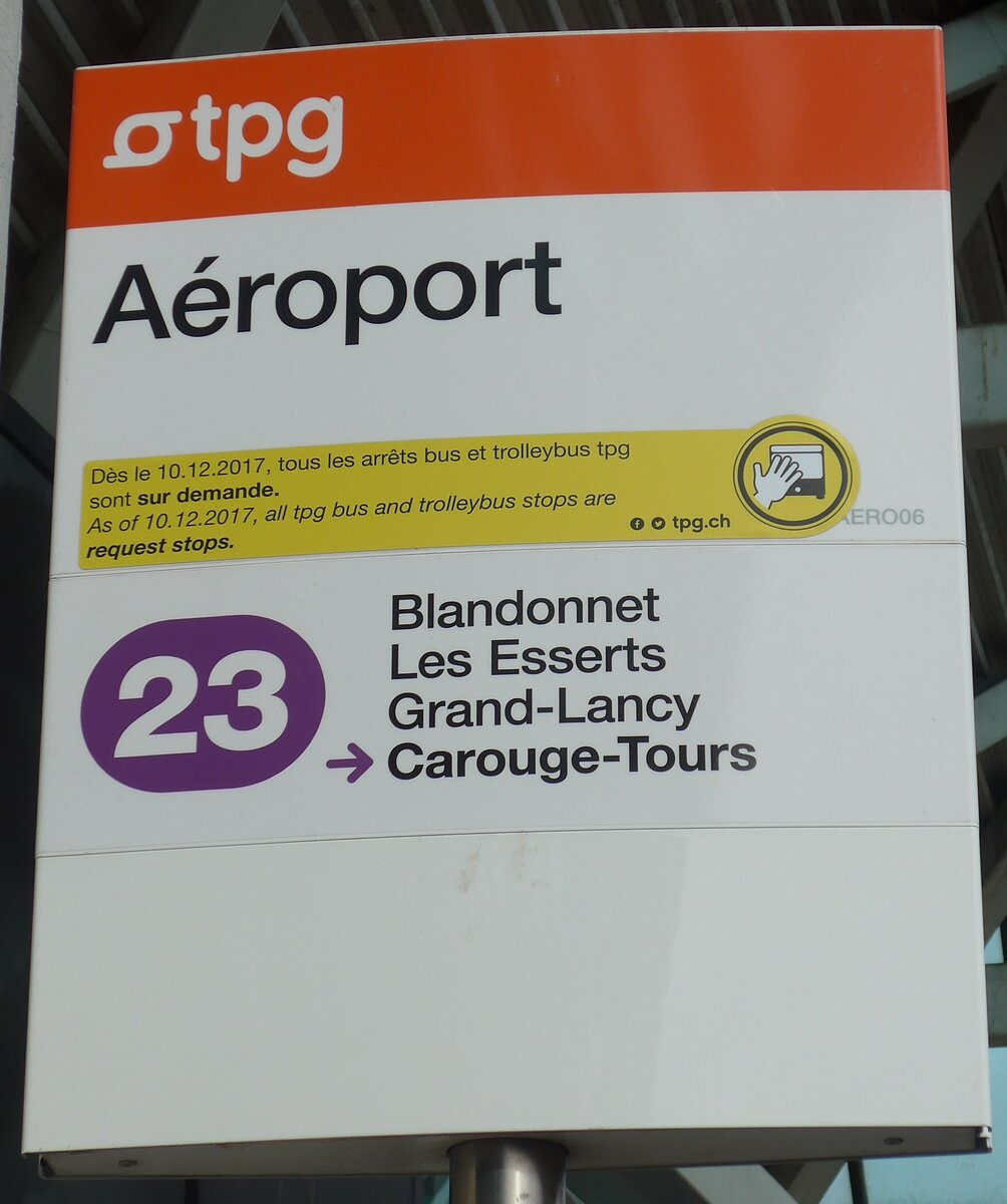 (189'271) - tpg-Haltestellenschild - Gen�ve, A�roport - am 12. M�rz 2018