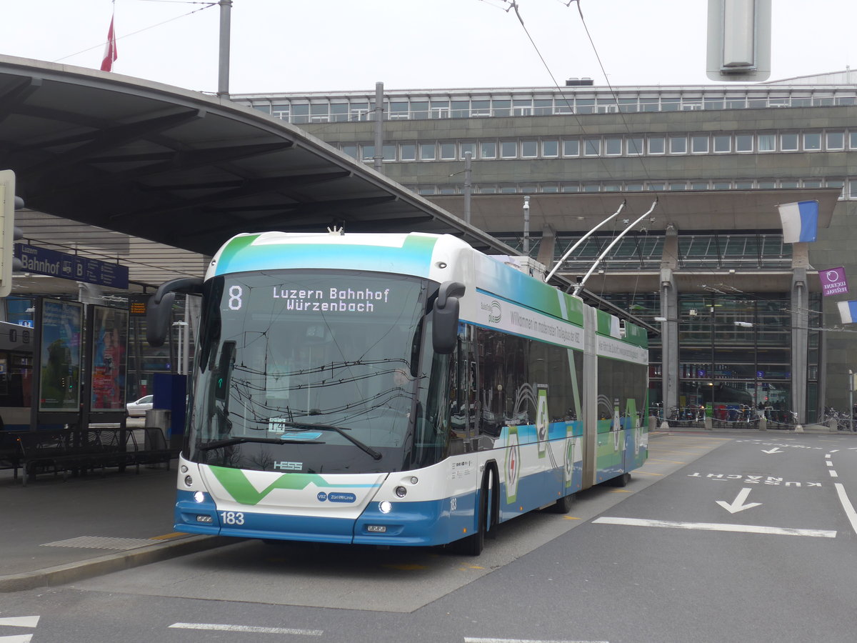 (189'299) - VBZ Z�rich - Nr. 183 - Hess/Hess Gelenktrolleybus am 17. M�rz 2018 beim Bahnhof Luzern (Einsatz VBL)