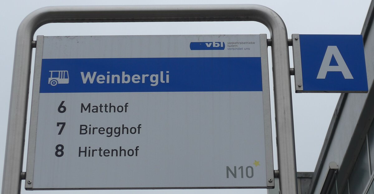 (189'347) - vbl-Haltestellenschild - Luzern, Weinbergli - am 17. M�rz 2018