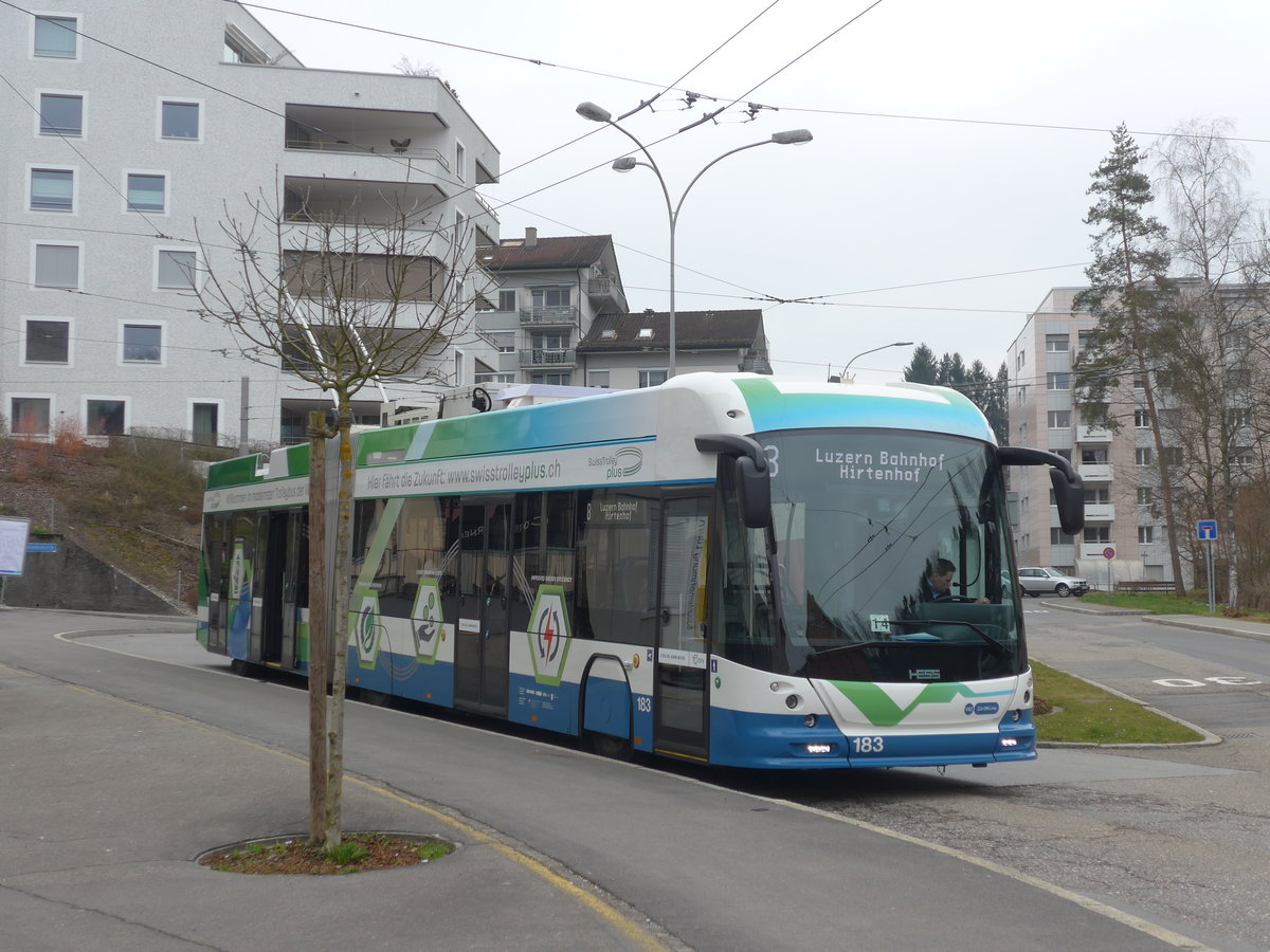 (189'358) - VBZ Z�rich - Nr. 183 - Hess/Hess Gelenktrolleybus am 17. M�rz 2018 in Luzern, W�rzenbach (Einsatz VBL)