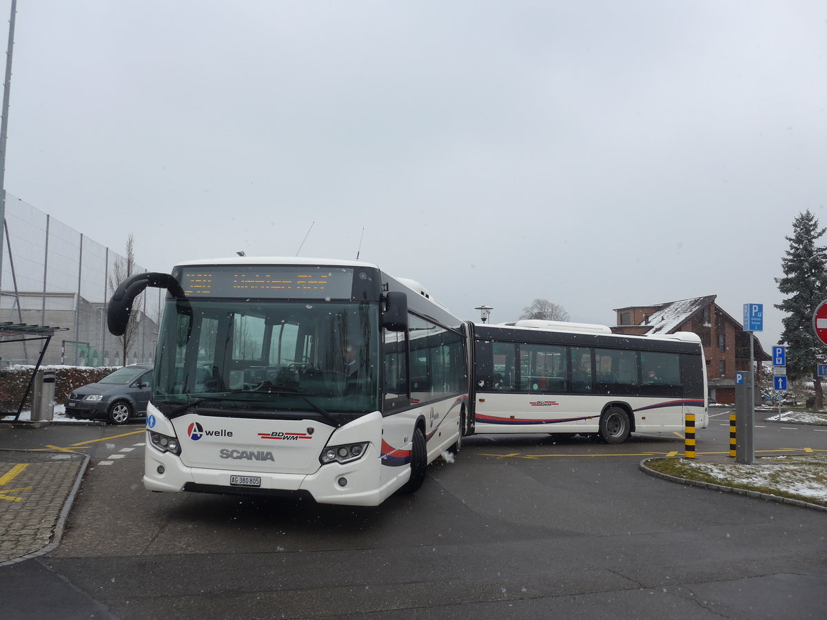 (189'504) - Limmat Bus, Dietikon - AG 380'805 - Scania am 19. M�rz 2018 in Meisterschwanden, Schulhaus