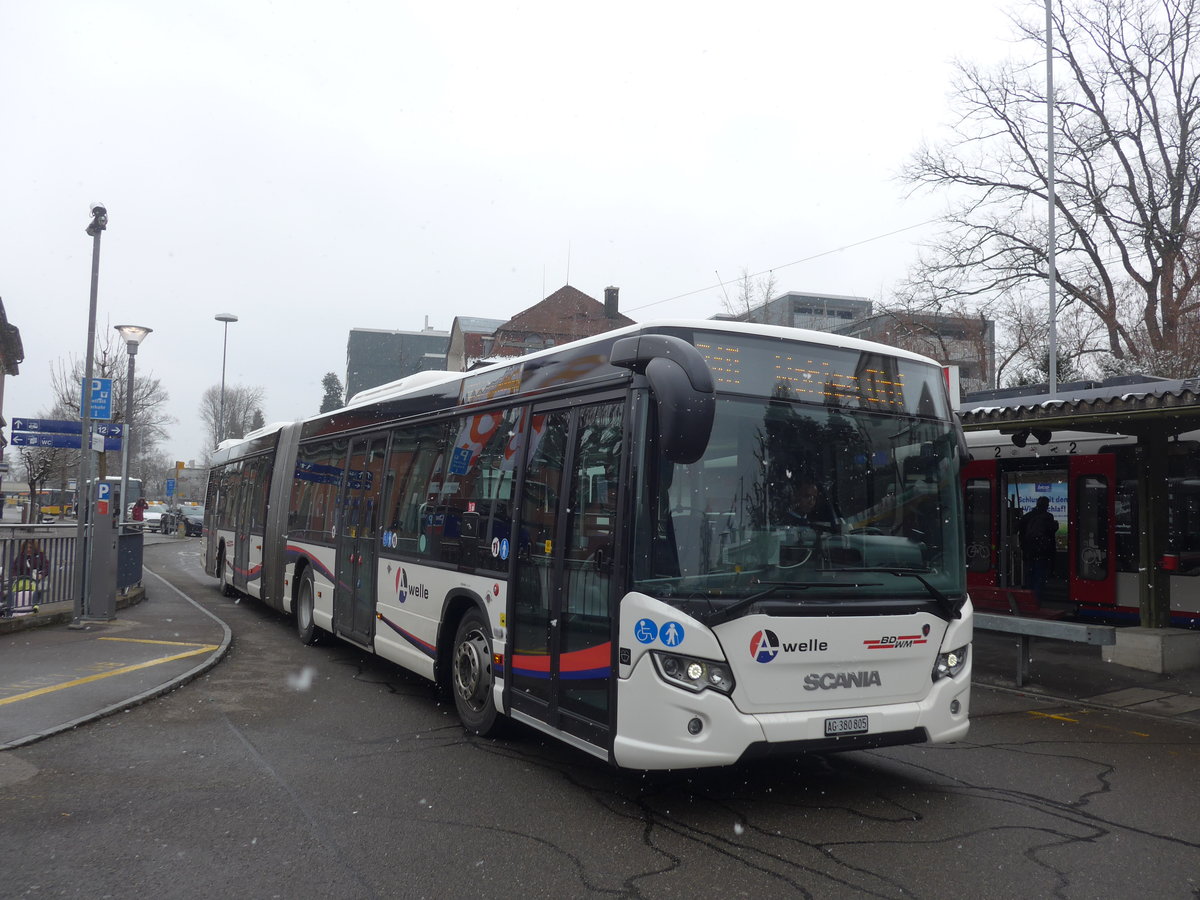 (189'508) - Limmat Bus, Dietikon - AG 380'805 - Scania am 19. M�rz 2018 in Meisterschwanden, Schulhaus