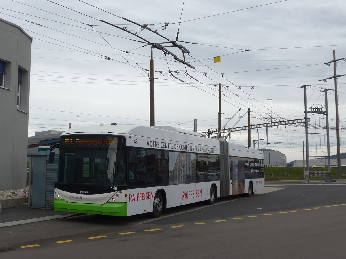 (189'996) - transN, La Chaux-de-Fonds - Nr. 146 - Hess/Hess Gelenktrolleybus (ex TN Neuch�tel Nr. 146) am 2. April 2018 beim Bahnhof Marin-Epagnier