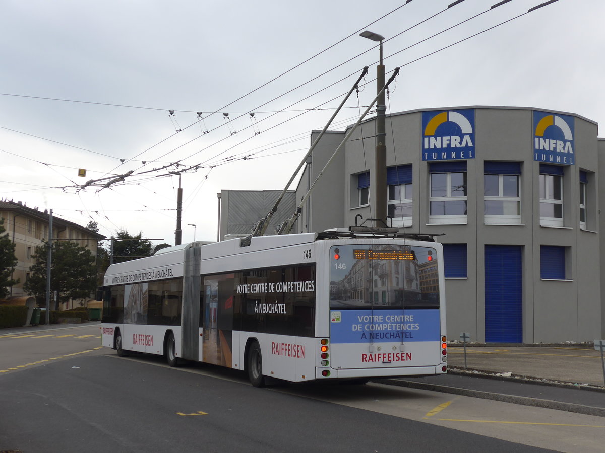 (189'997) - transN, La Chaux-de-Fonds - Nr. 146 - Hess/Hess Gelenktrolleybus (ex TN Neuch�tel Nr. 146) am 2. April 2018 beim Bahnhof Marin-Epagnier
