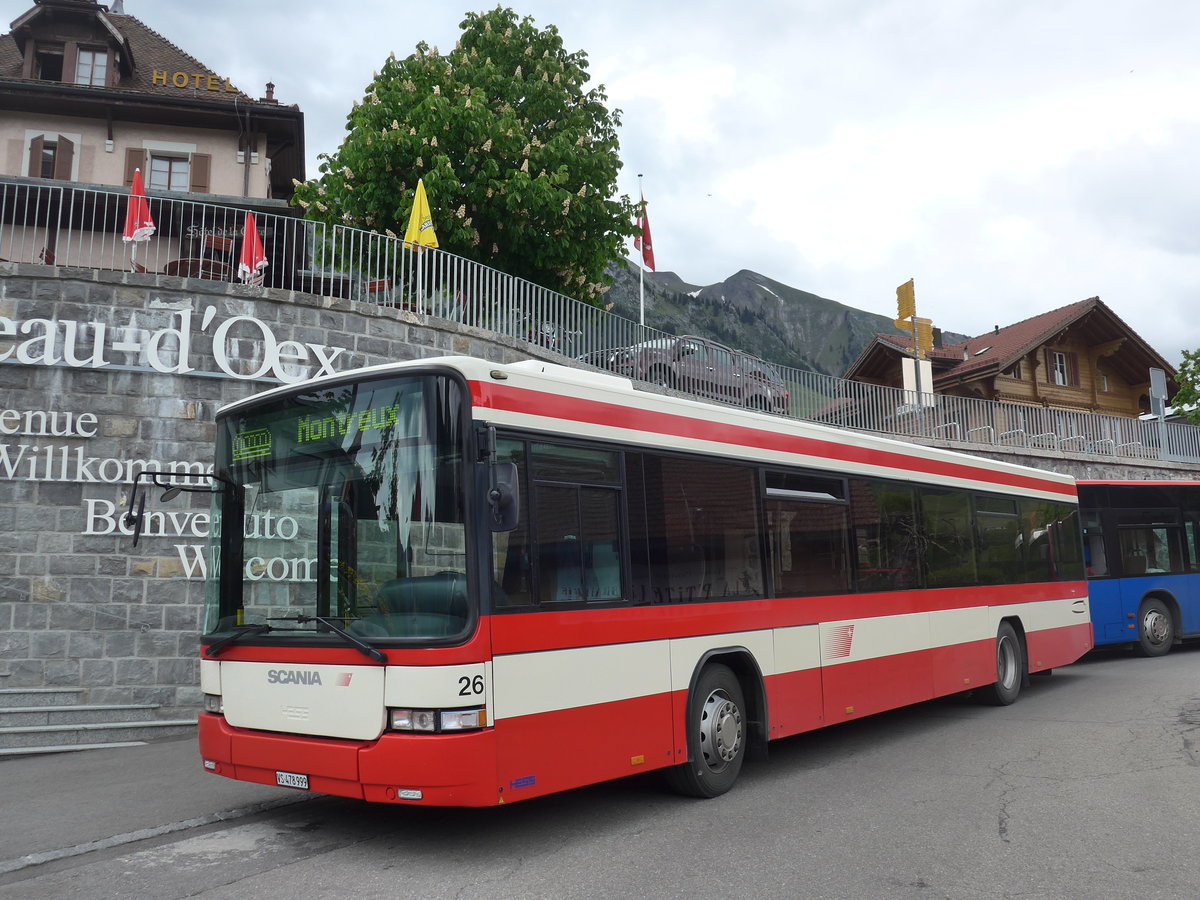 (193'282) - Lathion, Sion - Nr. 26/VS 478'999 - Scania/Hess (ex AAGS Schwyz Nr. 12) am 21. Mai 2018 beim Bahnhof Ch�teau-d'Oex