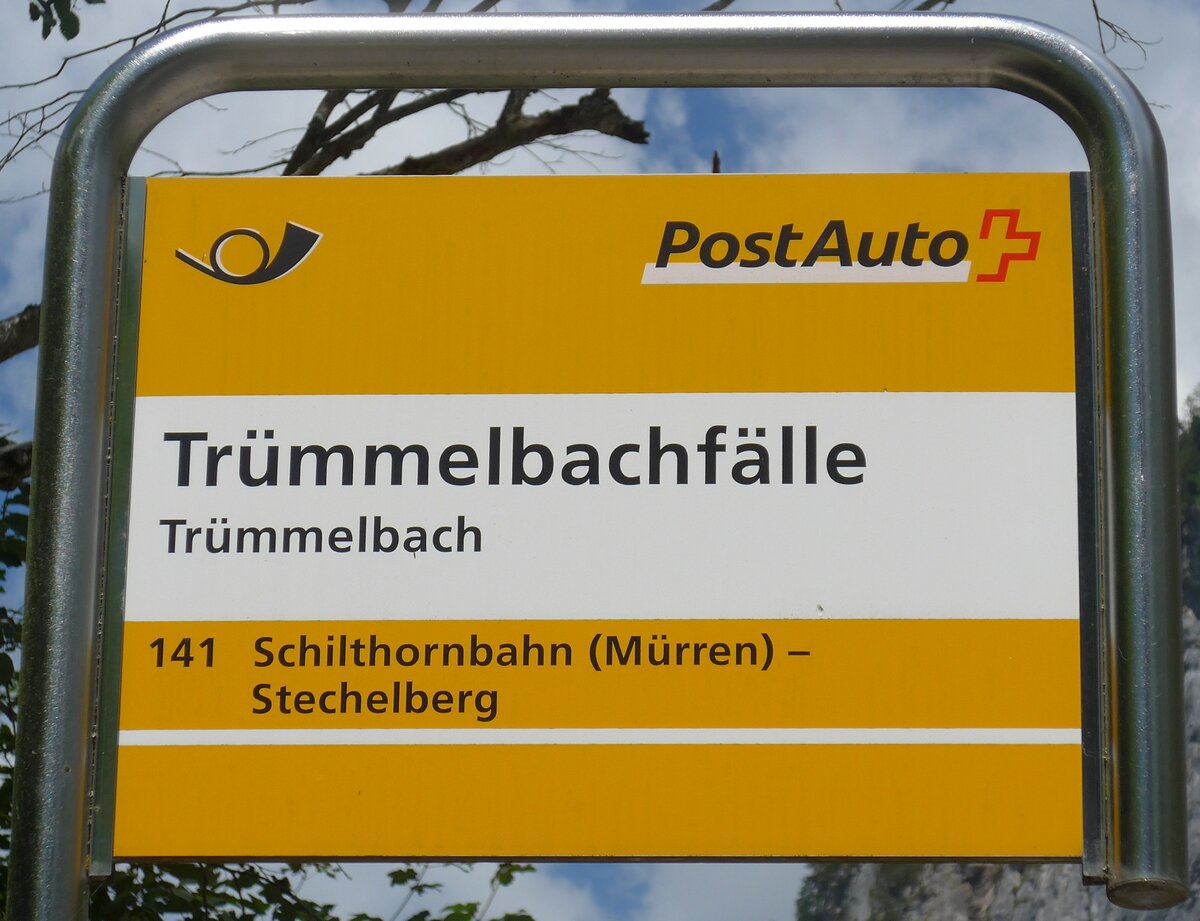 (194'437) - PostAuto-Haltestellenschild - Tr�mmelbach, Tr�mmelbachf�lle - am 25. Juni 2018