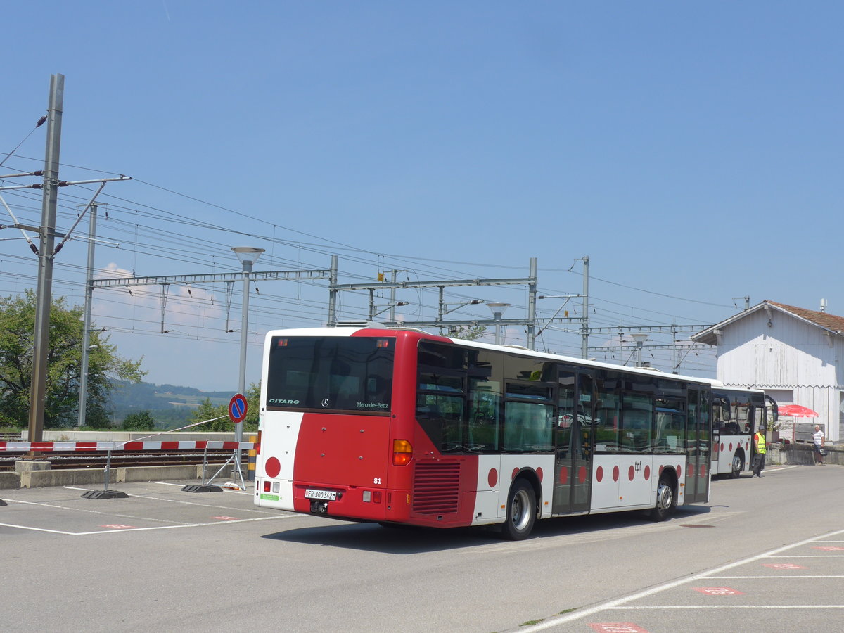 (195'565) - TPF Fribourg - Nr. 81/FR 300'342 - Mercedes am 5. August 2018 beim Bahnhof Pal�zieux