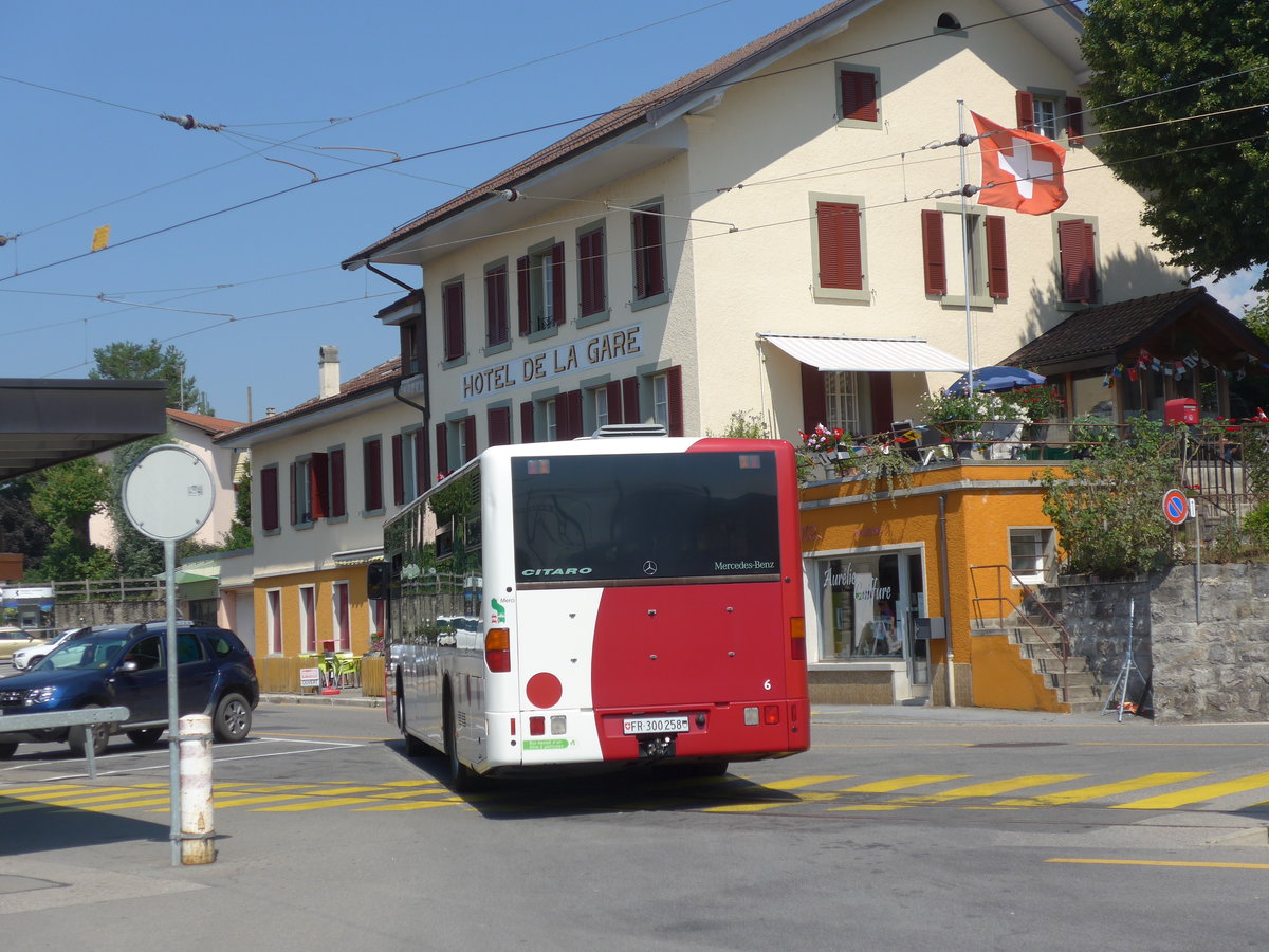 (195'604) - TPF Fribourg - Nr. 6/FR 300'258 - Mercedes am 5. August 2018 beim Bahnhof Pal�zieux