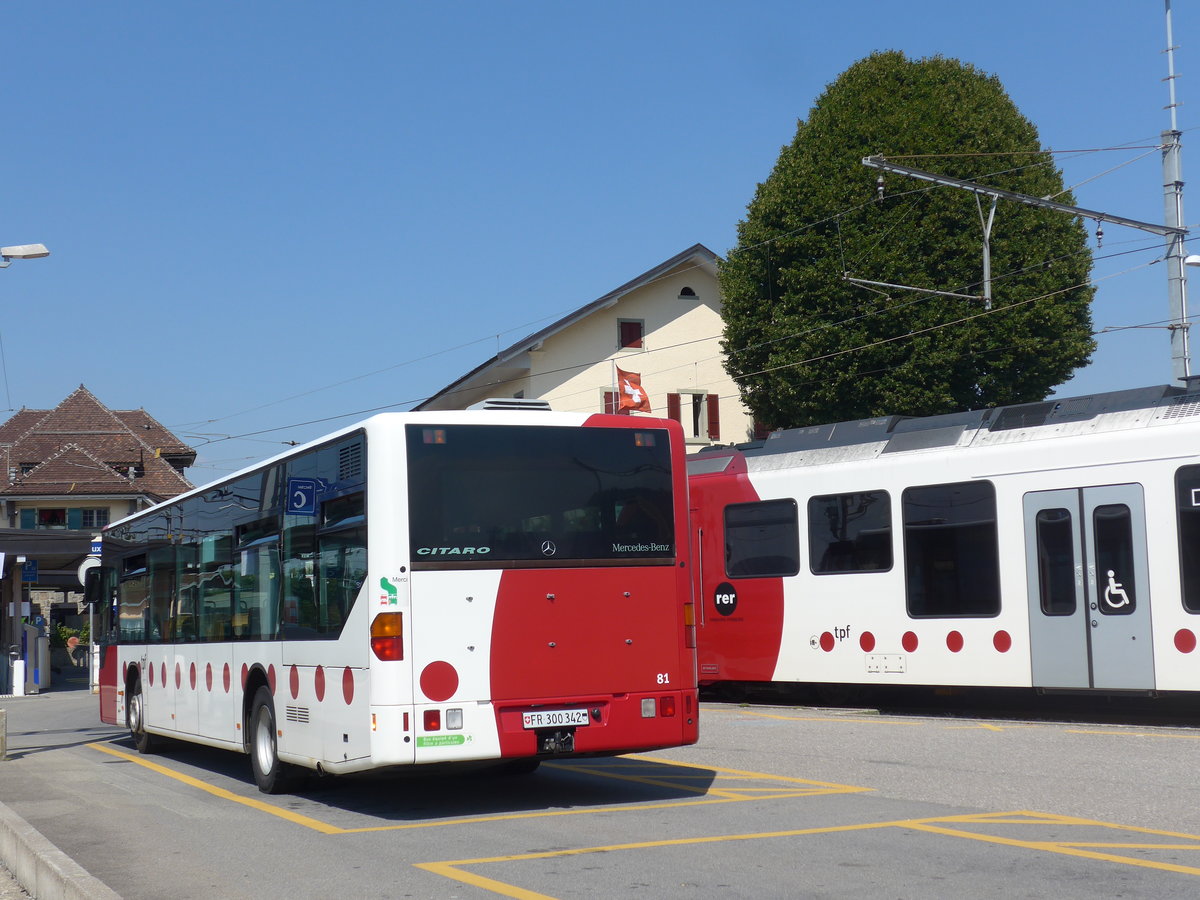 (195'608) - TPF Fribourg - Nr. 81/FR 300'342 - Mercedes am 5. August 2018 beim Bahnhof Pal�zieux