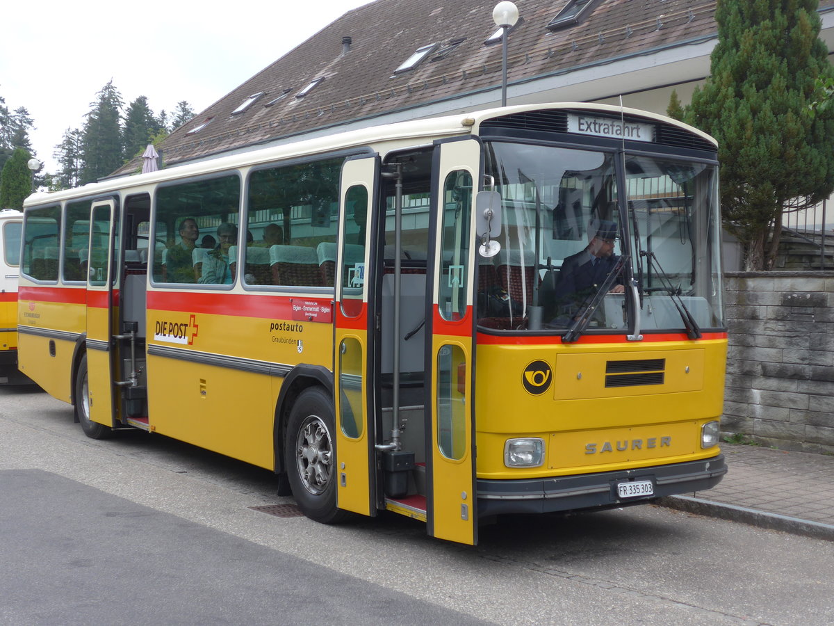 (196'382) - Eichenberger, B�singen - FR 335'303 - Saurer/R&J (ex Schlapp, Cottens; ex Ruklic, Schaffhausen; ex Heim, Flums; ex Frigg, Zernez; ex P 24'279) am 2. September 2018 in Emmenmatt, Moosegg