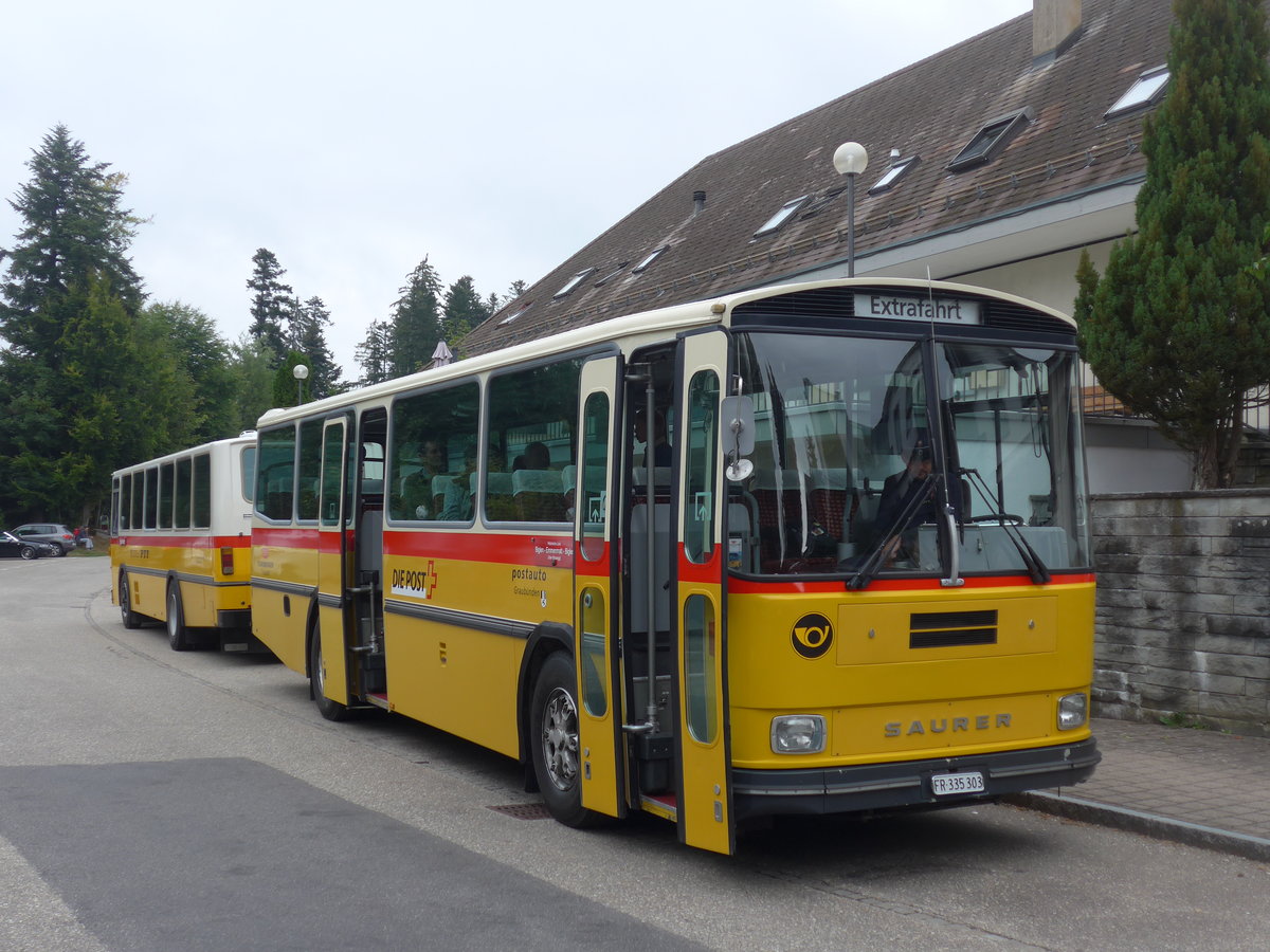 (196'383) - Eichenberger, B�singen - FR 335'303 - Saurer/R&J (ex Schlapp, Cottens; ex Ruklic, Schaffhausen; ex Heim, Flums; ex Frigg, Zernez; ex P 24'279) am 2. September 2018 in Emmenmatt, Moosegg