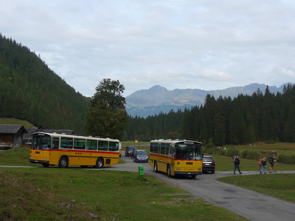 (197'782) - Schmid, Th�rishaus - BE 26'206 - Saurer/T�scher (ex P 24'244) + AVG Meiringen - Nr. 74/BE 607'481 - Saurer/R&J (ex PostAuto Berner Oberland; ex P 24'357) am 16. September 2018 in Gschwandtenmaad