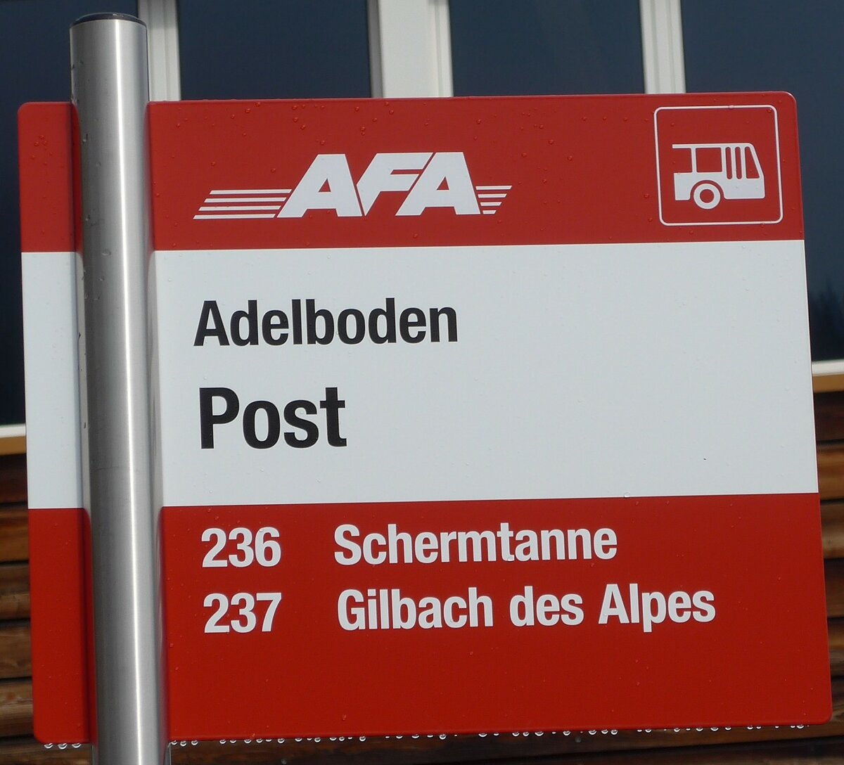 (198'083) - AFA-Haltestellenschild - Adelboden, Post - am 1. Oktober 2018