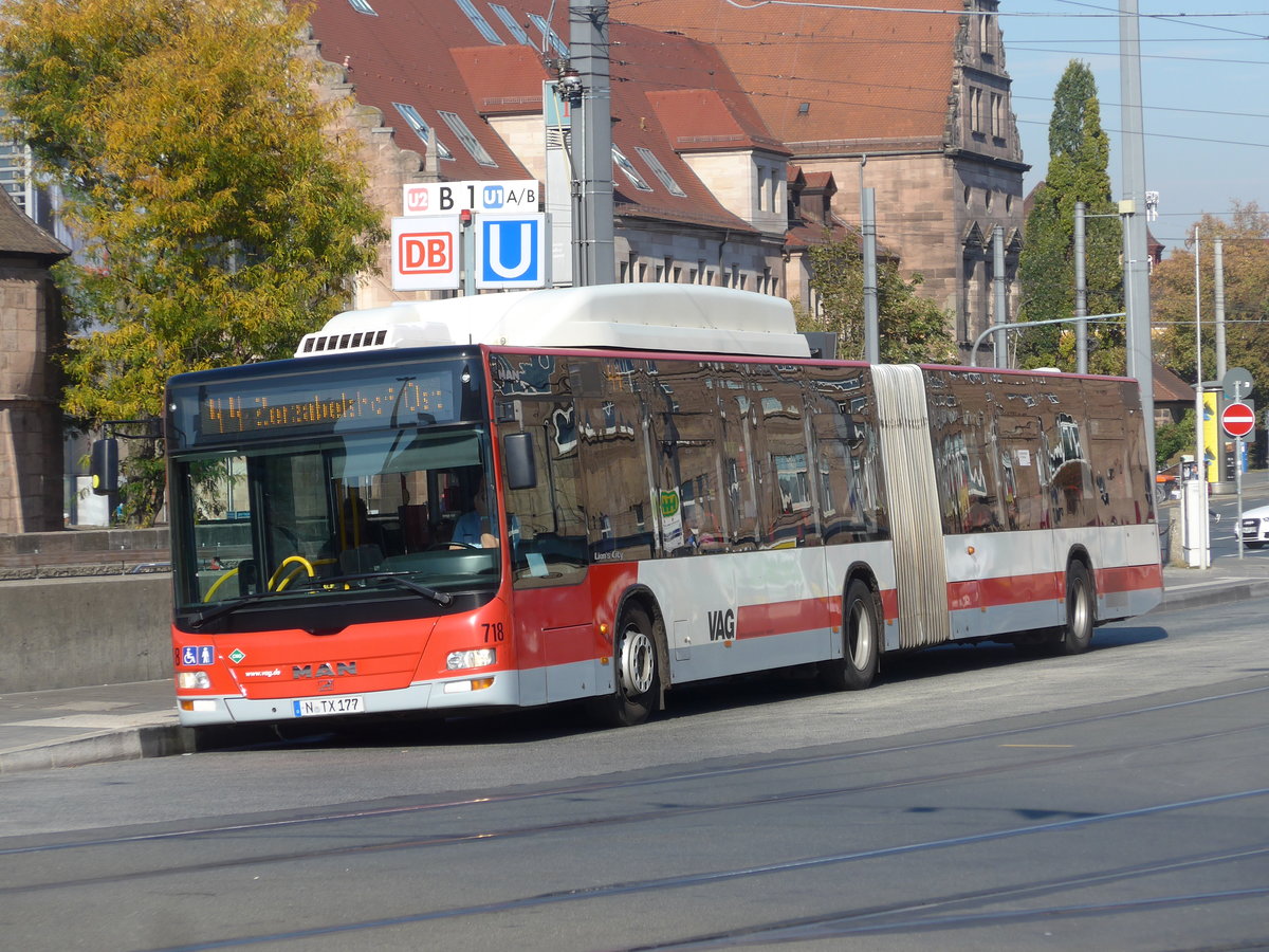 (198'328) - VAG N�rnberg - Nr. 718/N-TX 177 - MAN am 16. Oktober 2018 beim Hauptbahnhof N�rnberg