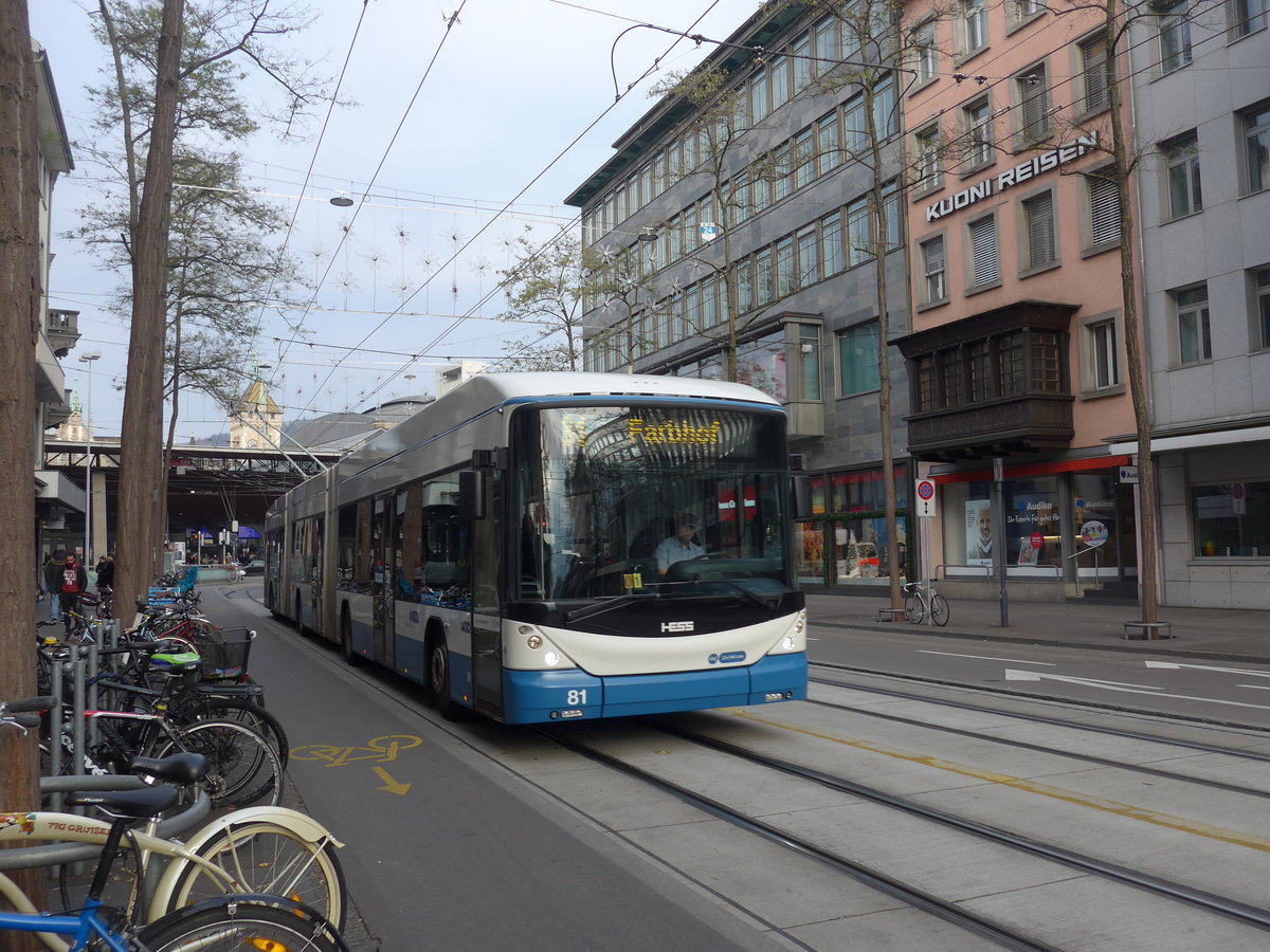 (199'438) - VBZ Z�rich - Nr. 81 - Hess/Hess Doppelgelenktrolleybus am 18. November 2018 in Z�rich, L�wenstrasse