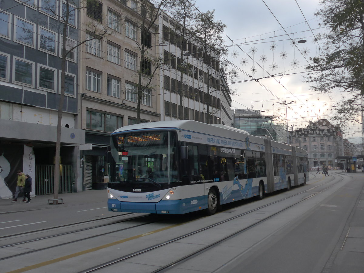 (199'441) - VBZ Z�rich - Nr. 91 - Hess/Hess Doppelgelenktrolleybus am 18. November 2018 in Z�rich, L�wenstrasse