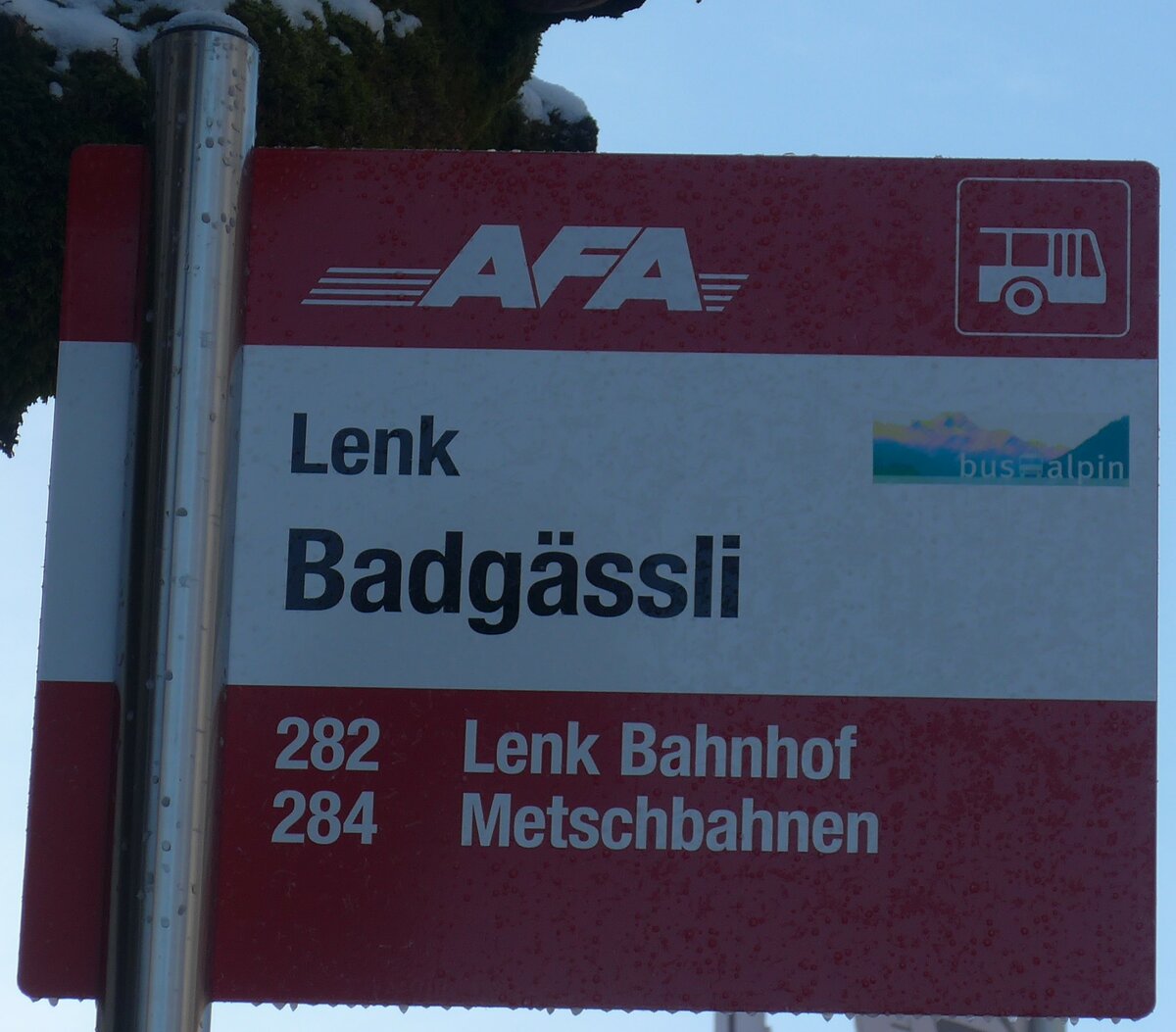 (200'204) - AFA-Haltestellenschild - Lenk, Badg�ssli - am 25. Dezember 2018