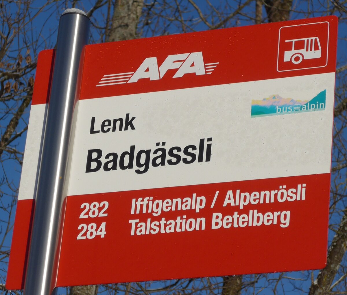 (200'205) - AFA-Haltestellenschild - Lenk, Badg�ssli - am 25. Dezember 2018