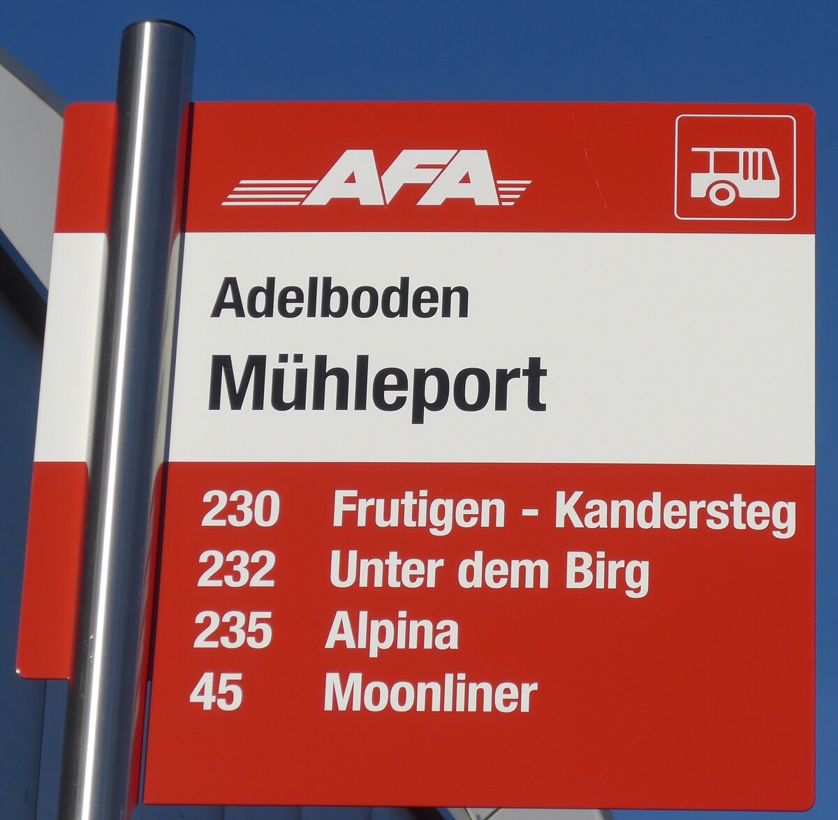 (200'228) - AFA-Haltestellenschild - Adelboden, M�hleport - am 25. Dezember 2018