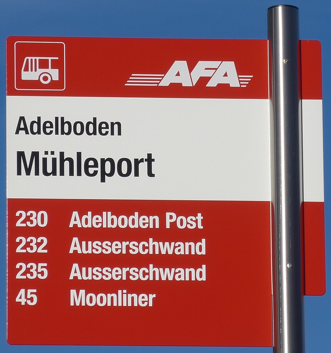 (200'229) - AFA-Haltestellenschild - Adelboden, M�hleport - am 25. Dezember 2018