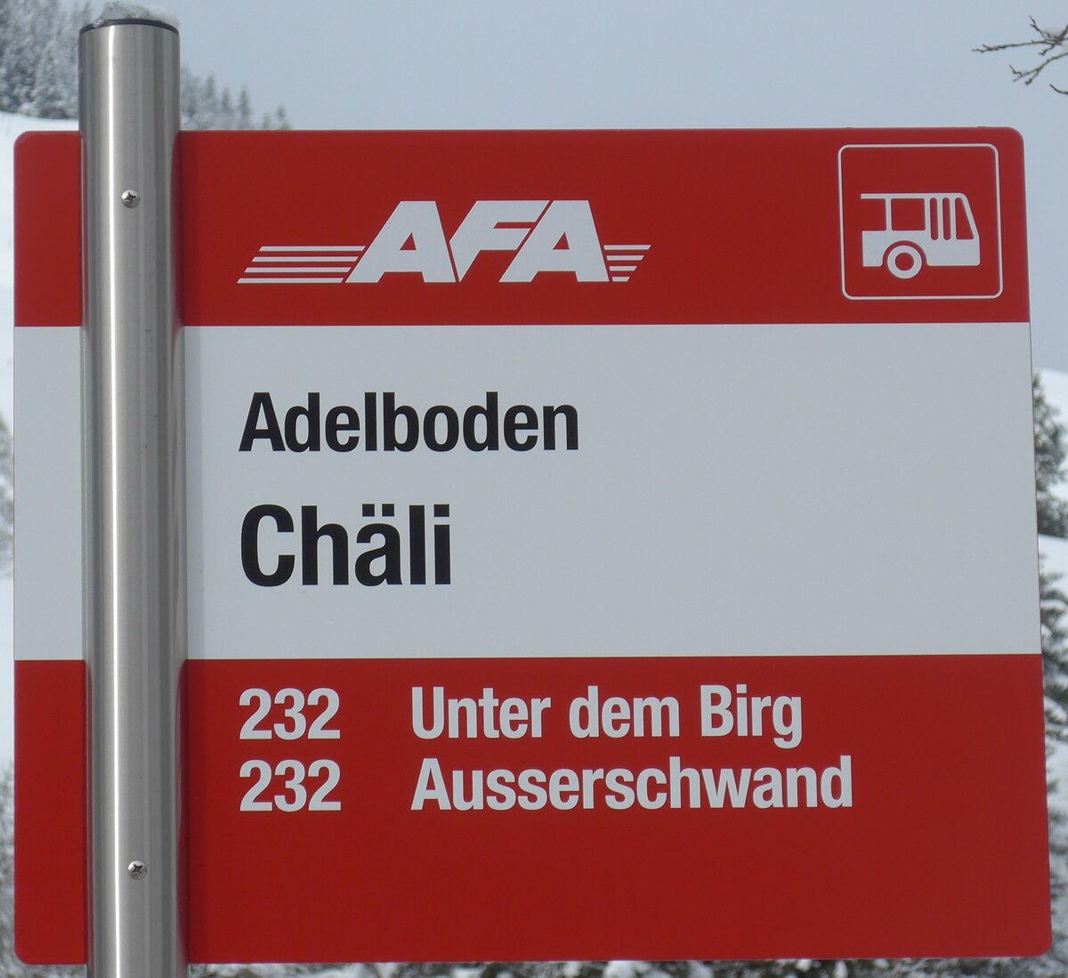 (200'953) - AFA-Haltestellenschild - Adelboden, Ch�li - am 12. Januar 2019