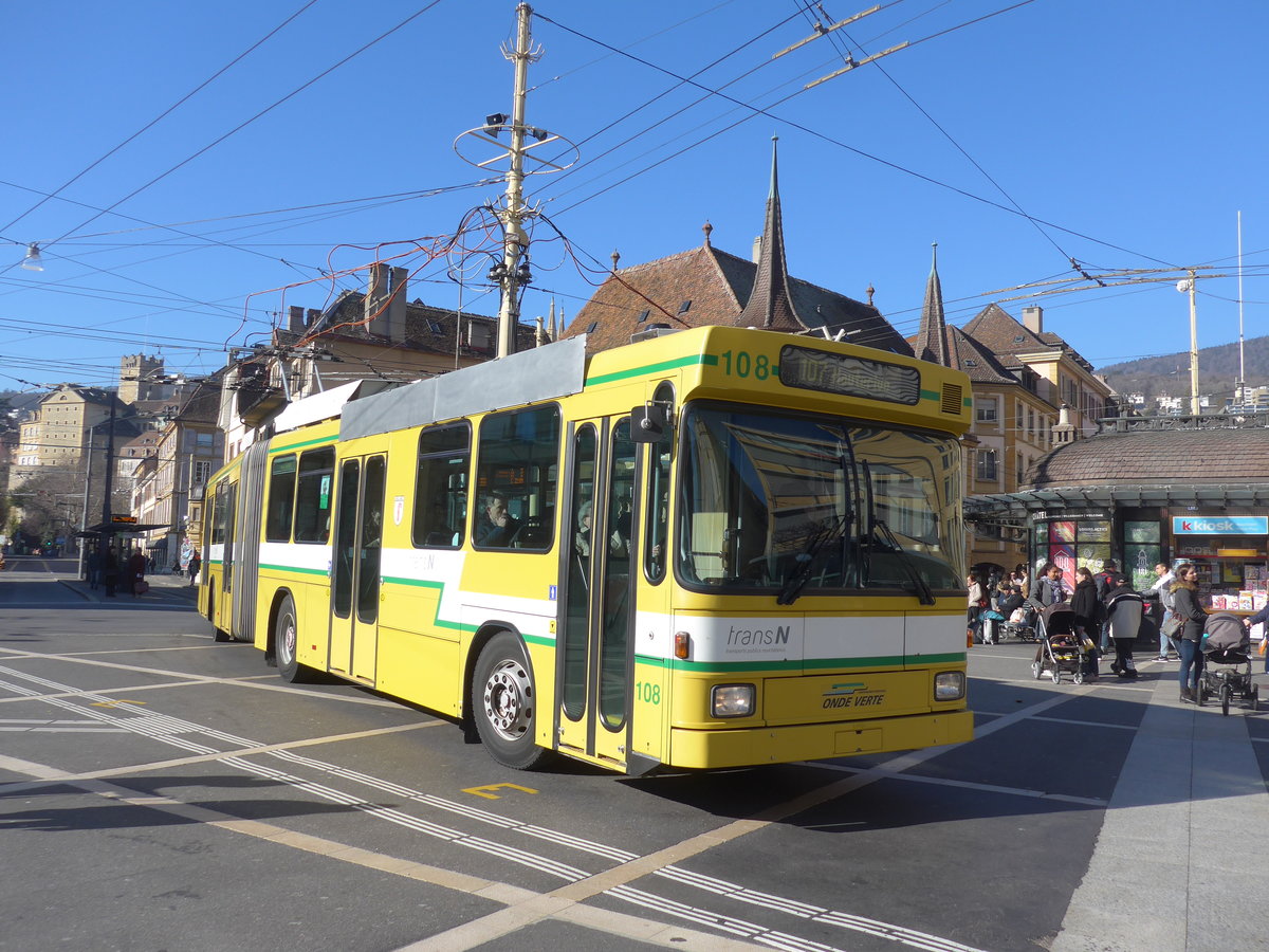 (201'639) - transN, La Chaux-de-Fonds - Nr. 108 - NAW/Hess Gelenktrolleybus (ex TN Neuch�tel Nr. 108) am 16. Februar 2019 in Neuch�tel, Place Pury