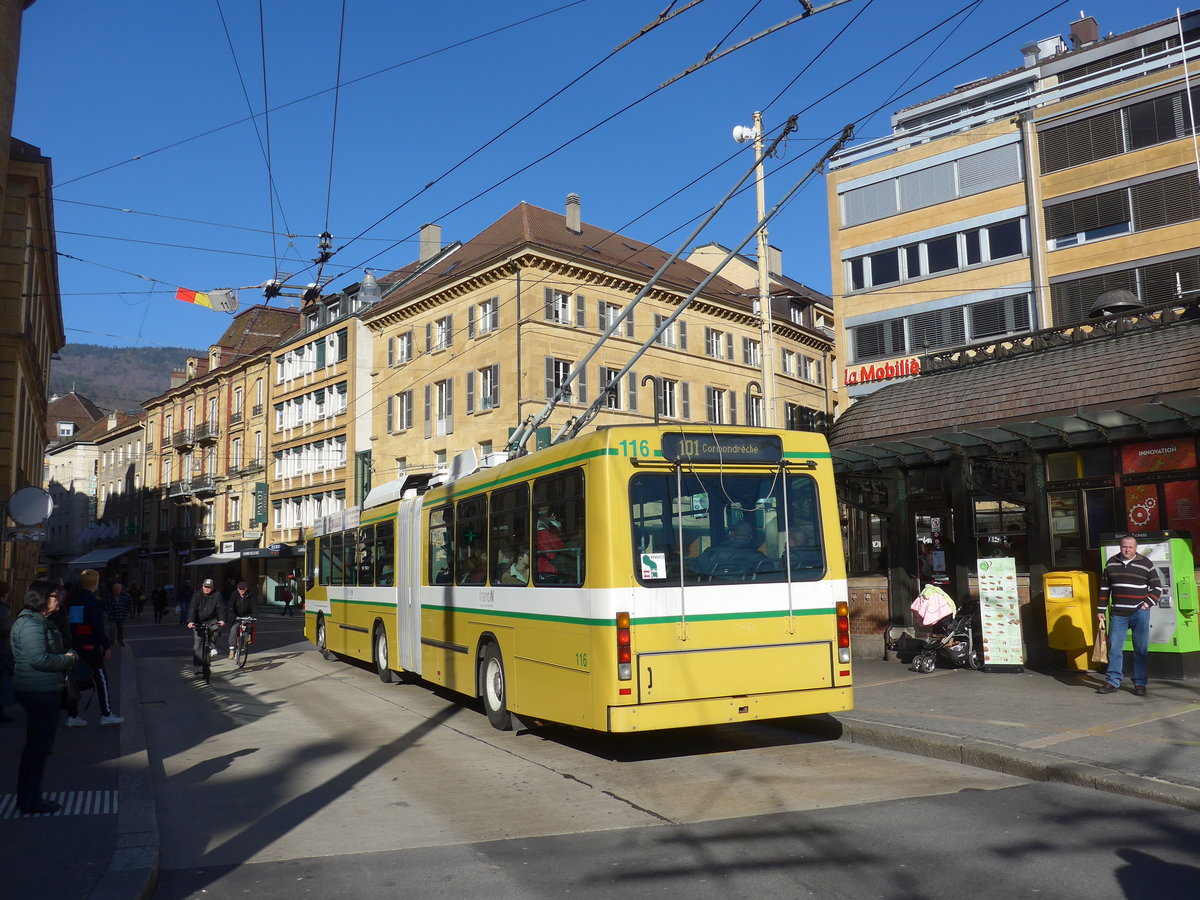 (201'641) - transN, La Chaux-de-Fonds - Nr. 116 - NAW/Hess Gelenktrolleybus (ex TN Neuch�tel Nr. 116) am 16. Februar 2019 in Neuch�tel, Place Pury