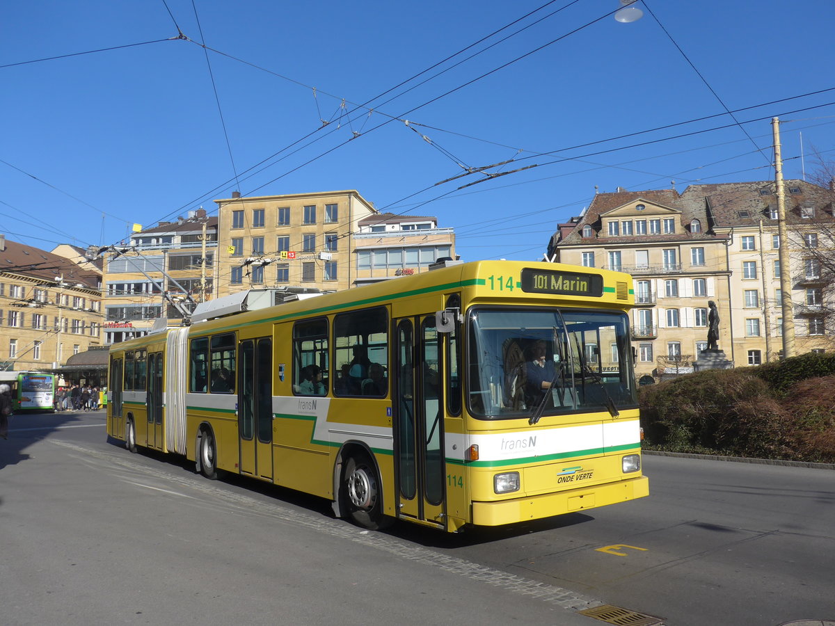 (201'654) - transN, La Chaux-de-Fonds - Nr. 114 - NAW/Hess Gelenktrolleybus (ex TN Neuch�tel Nr. 114) am 16. Februar 2019 in Neuch�tel, Place Pury
