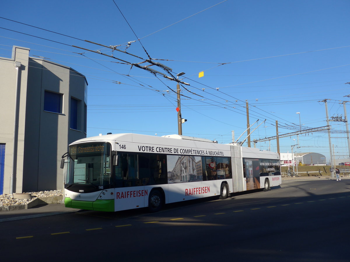 (201'658) - transN, La Chaux-de-Fonds - Nr. 146 - Hess/Hess Gelenktrolleybus (ex TN Neuch�tel Nr. 146) am 16. Februar 2019 beim Bahnhof Marin-�pagnier