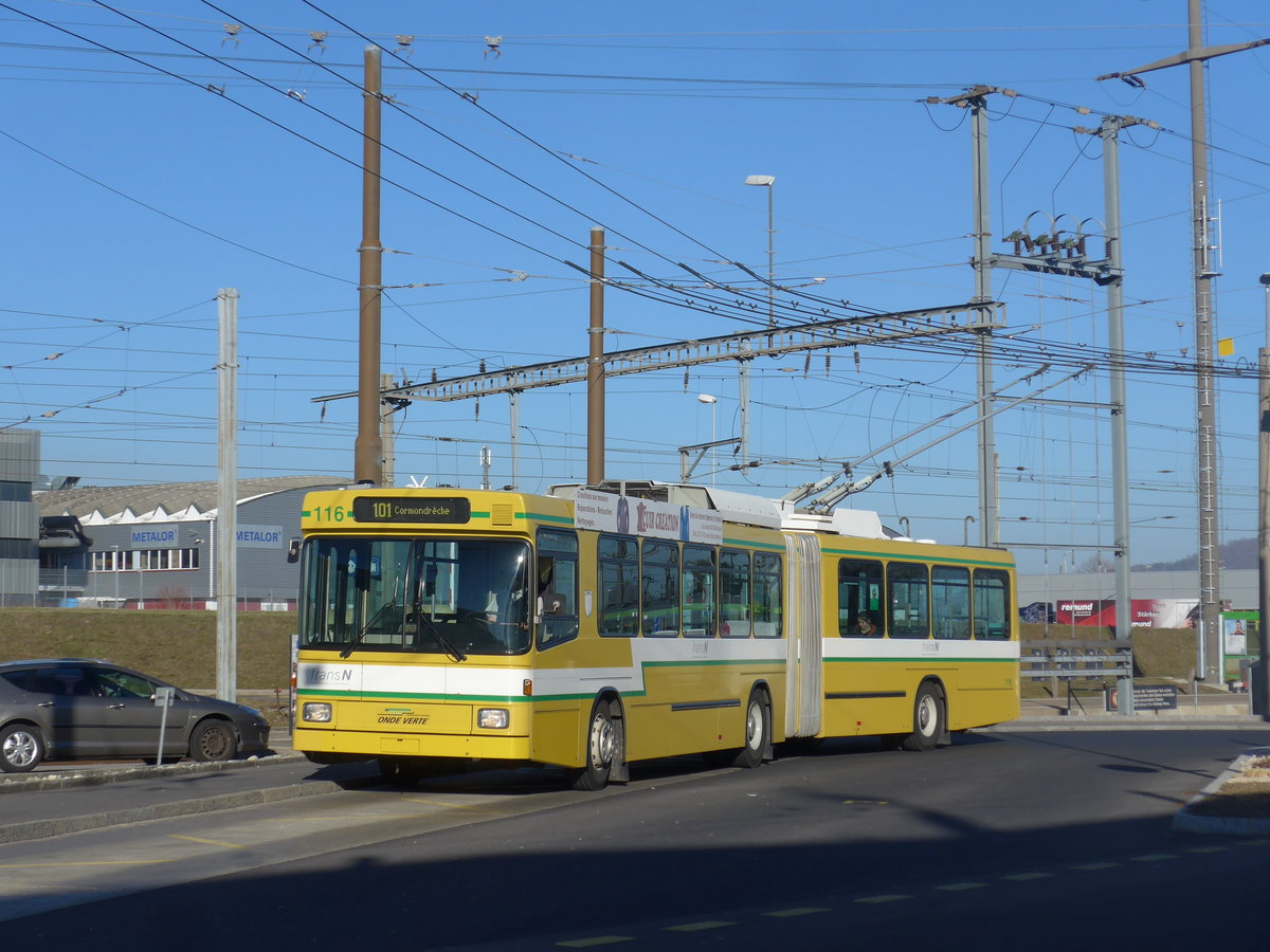 (201'659) - transN, La Chaux-de-Fonds - Nr. 116 - NAW/Hess Gelenktrolleybus (ex TN Neuch�tel Nr. 116) am 16. Februar 2019 beim Bahnhof Marin-�pagnier