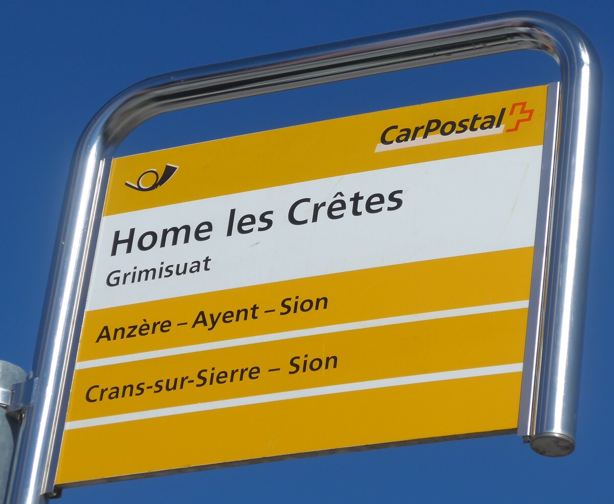 (201'771) - PostAuto-Haltestellenschild - Grimisuat, Home les Cr�tes - am 24. Februar 2019