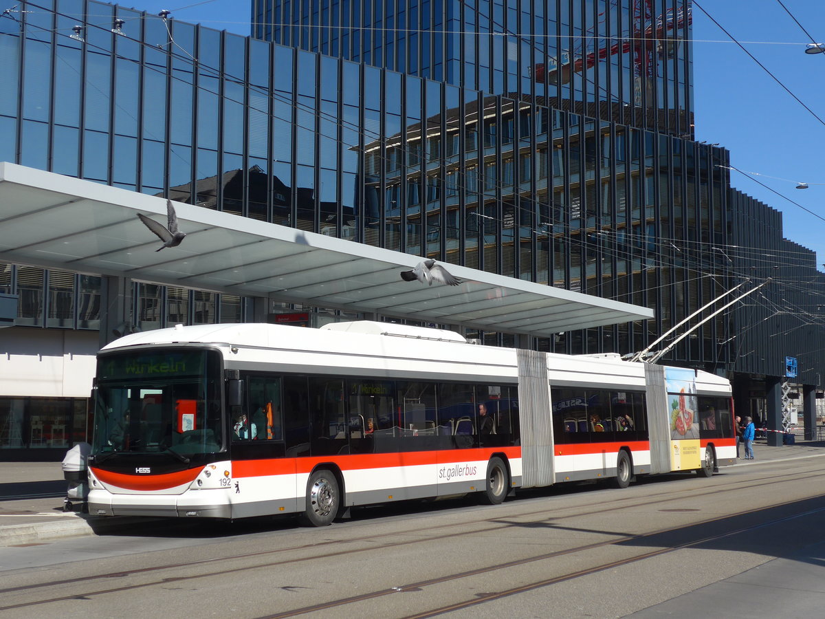 (202'679) - St. Gallerbus, St. Gallen - Nr. 192 - Hess/Hess Doppelgelenktrolleybus am 21. M�rz 2019 beim Bahnhof St. Gallen