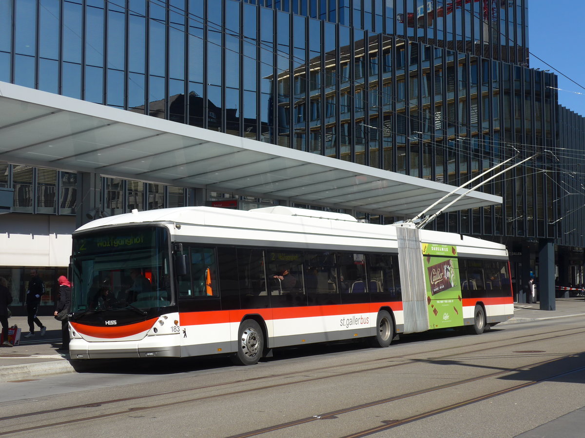 (202'688) - St. Gallerbus, St. Gallen - Nr. 183 - Hess/Hess Gelenktrolleybus am 21. M�rz 2019 beim Bahnhof St. Gallen