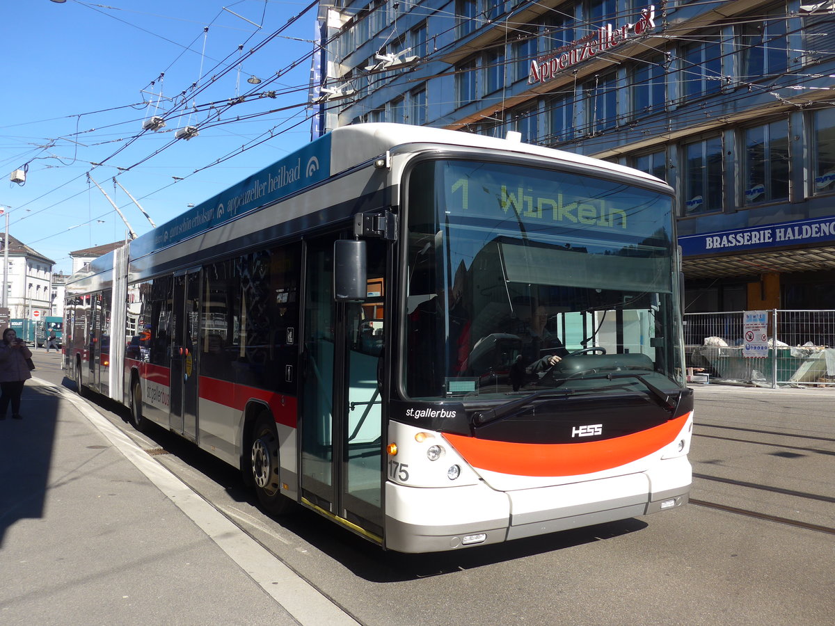 (202'761) - St. Gallerbus, St. Gallen - Nr. 175 - Hess/Hess Gelenktrolleybus am 21. M�rz 2019 beim Bahnhof St. Gallen