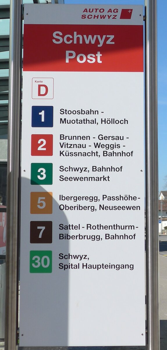 (202'832) - AUTO AG SCHWYZ-Haltestellenschild - Schwyz, Post - am 22. M�rz 2019