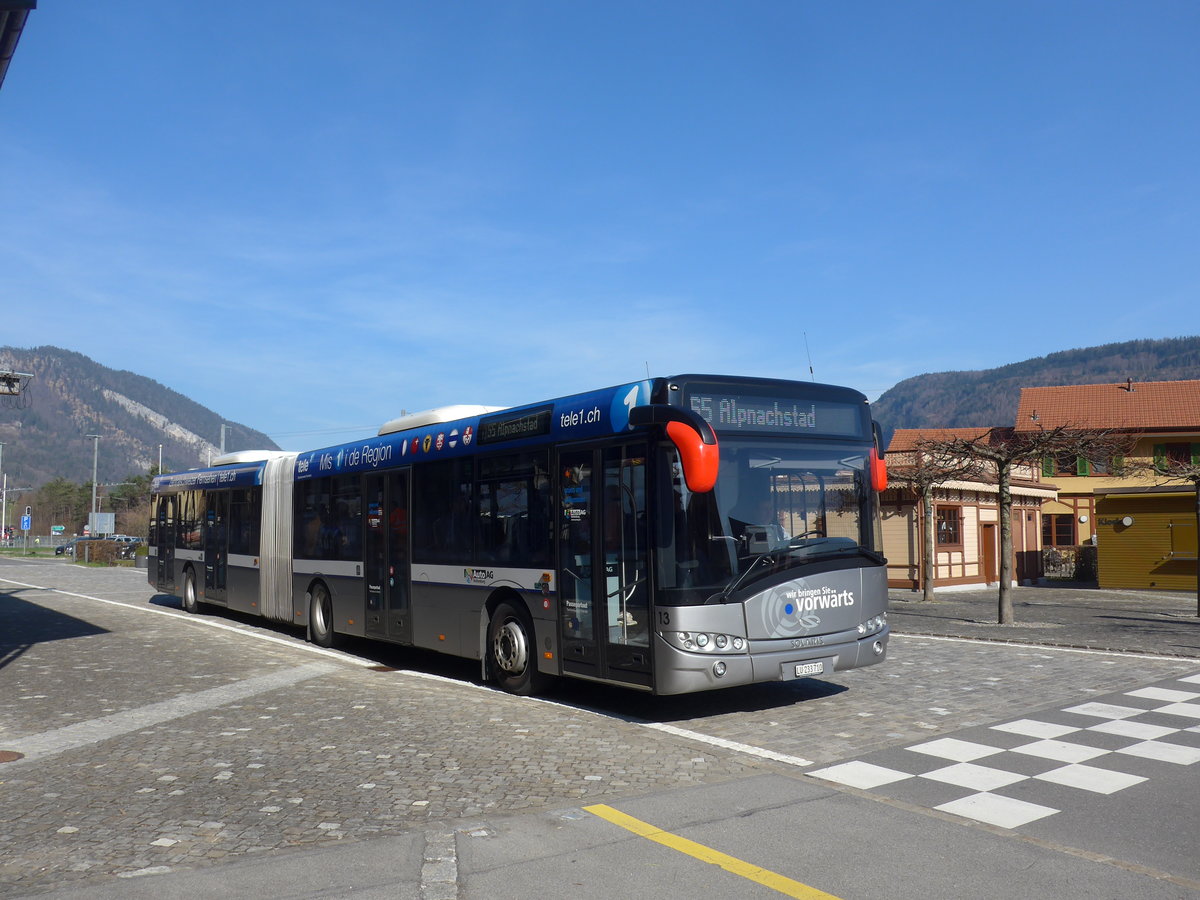 (202'878) - AAGR Rothenburg - Nr. 13/LU 233'710 - Solaris am 22. M�rz 2019 beim Bahnhof Alpnachstad