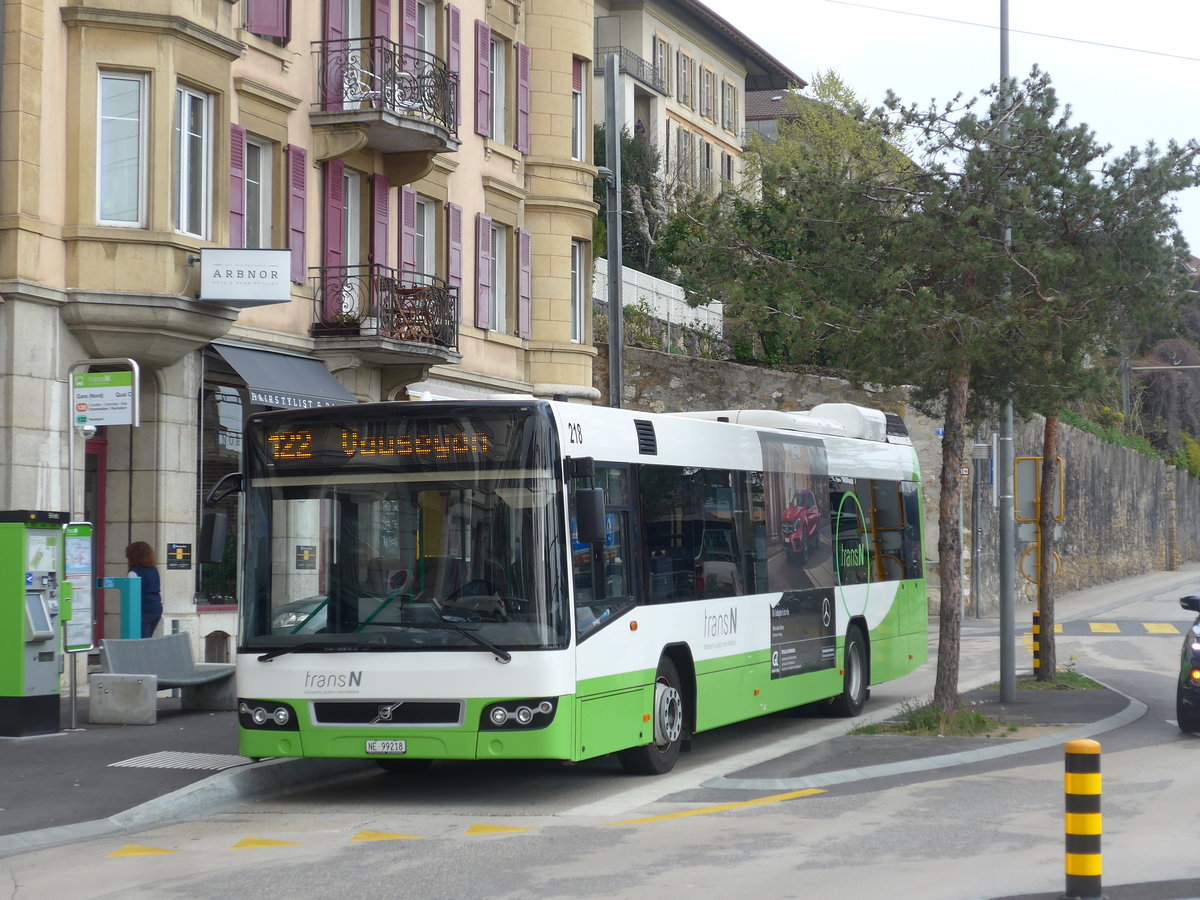 (203'618) - transN, La Chaux-de-Fonds - Nr. 218/NE 99'218 - Volvo (ex TN Neuch�tel Nr. 218) am 13. April 2019 beim Bahnhof Neuch�tel