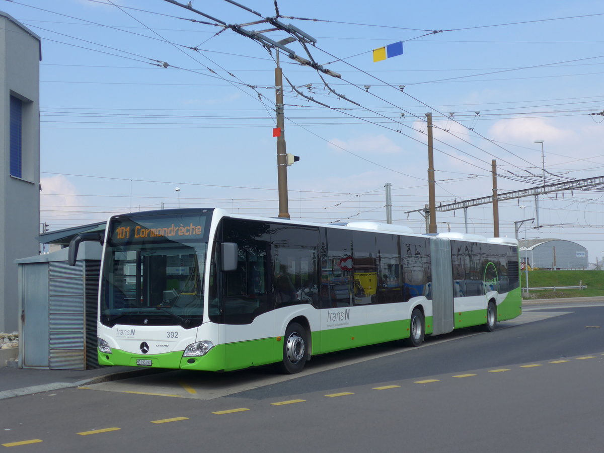 (203'633) - transN, La Chaux-de-Fonds - Nr. 392/NE 195'392 - Mercedes am 13. April 2019 beim Bahnhof Marin-�pagnier